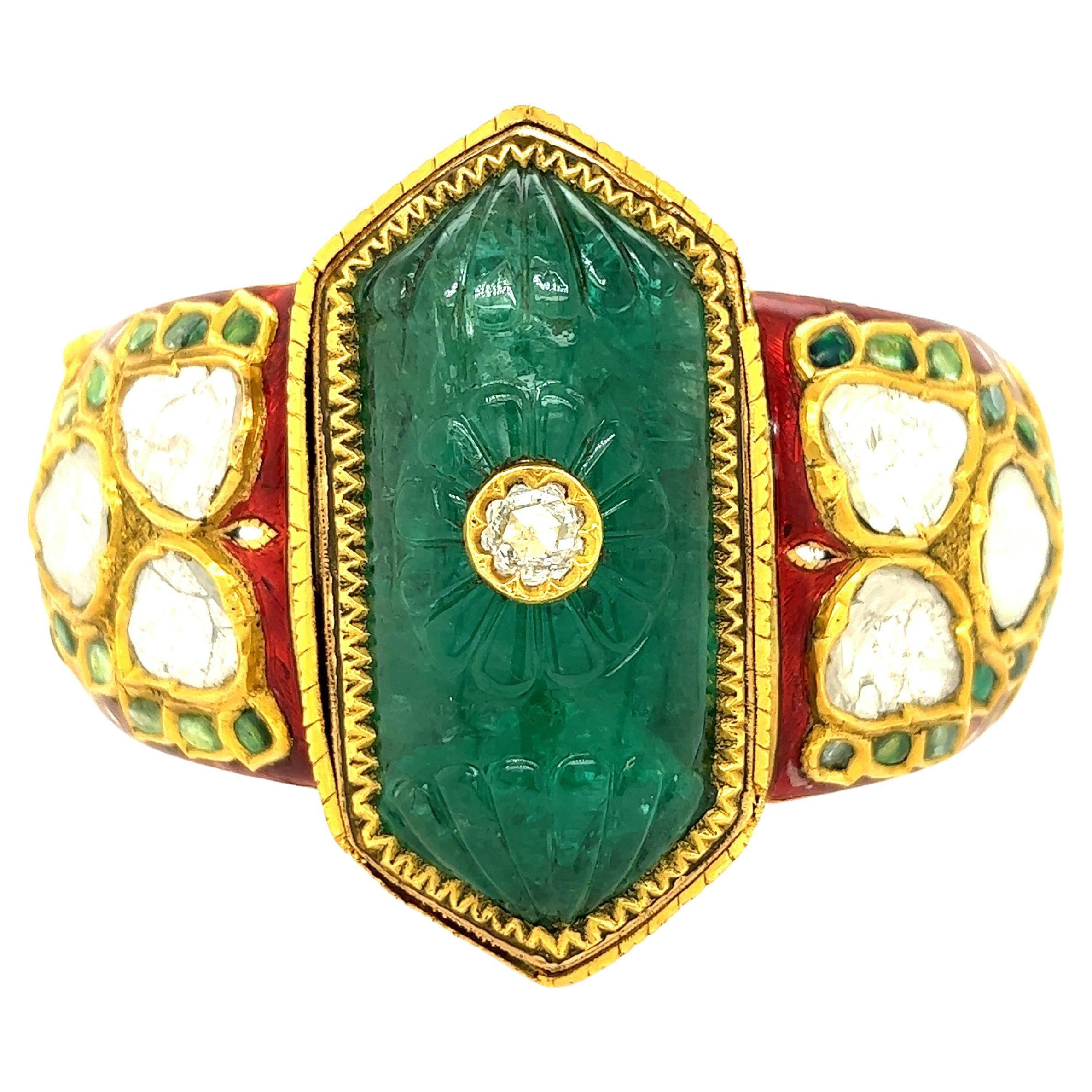 Indian Carved Emerald Diamond Enamel Bangle Bracelet