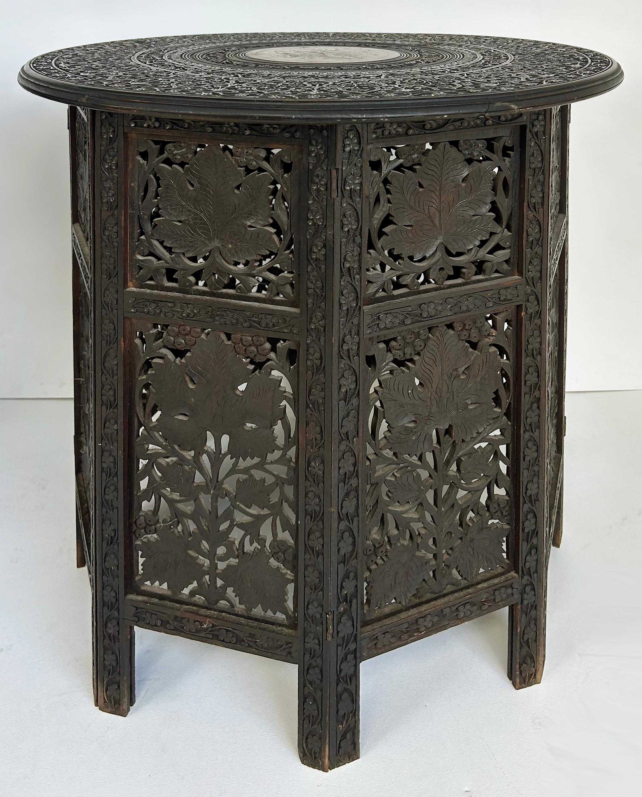 Anglo-Indian Carved, Pierced Inlaid Folding Campaign Tables, Pair In Good Condition For Sale In Miami, FL