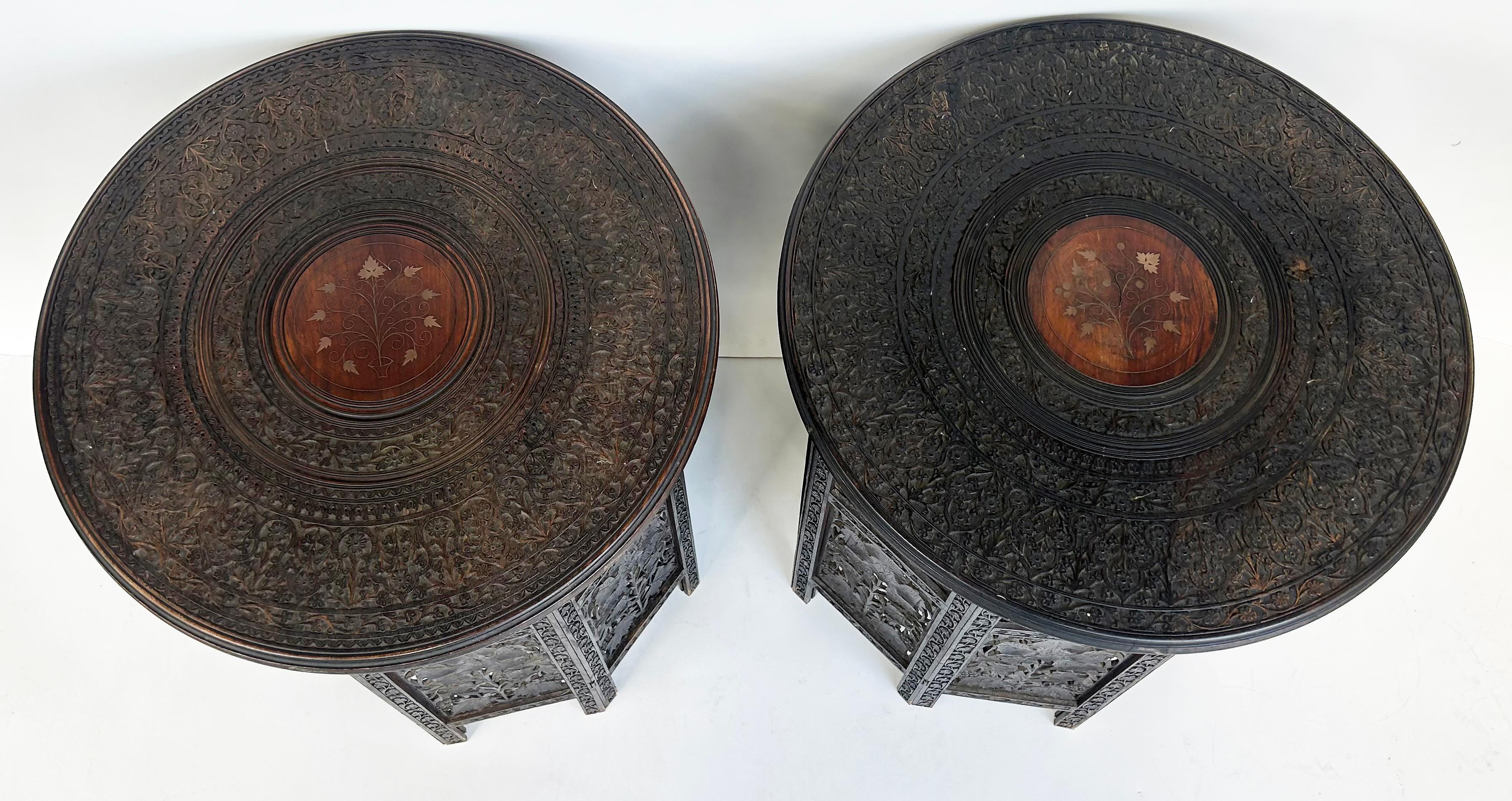 Rosewood Anglo-Indian Carved, Pierced Inlaid Folding Campaign Tables, Pair For Sale