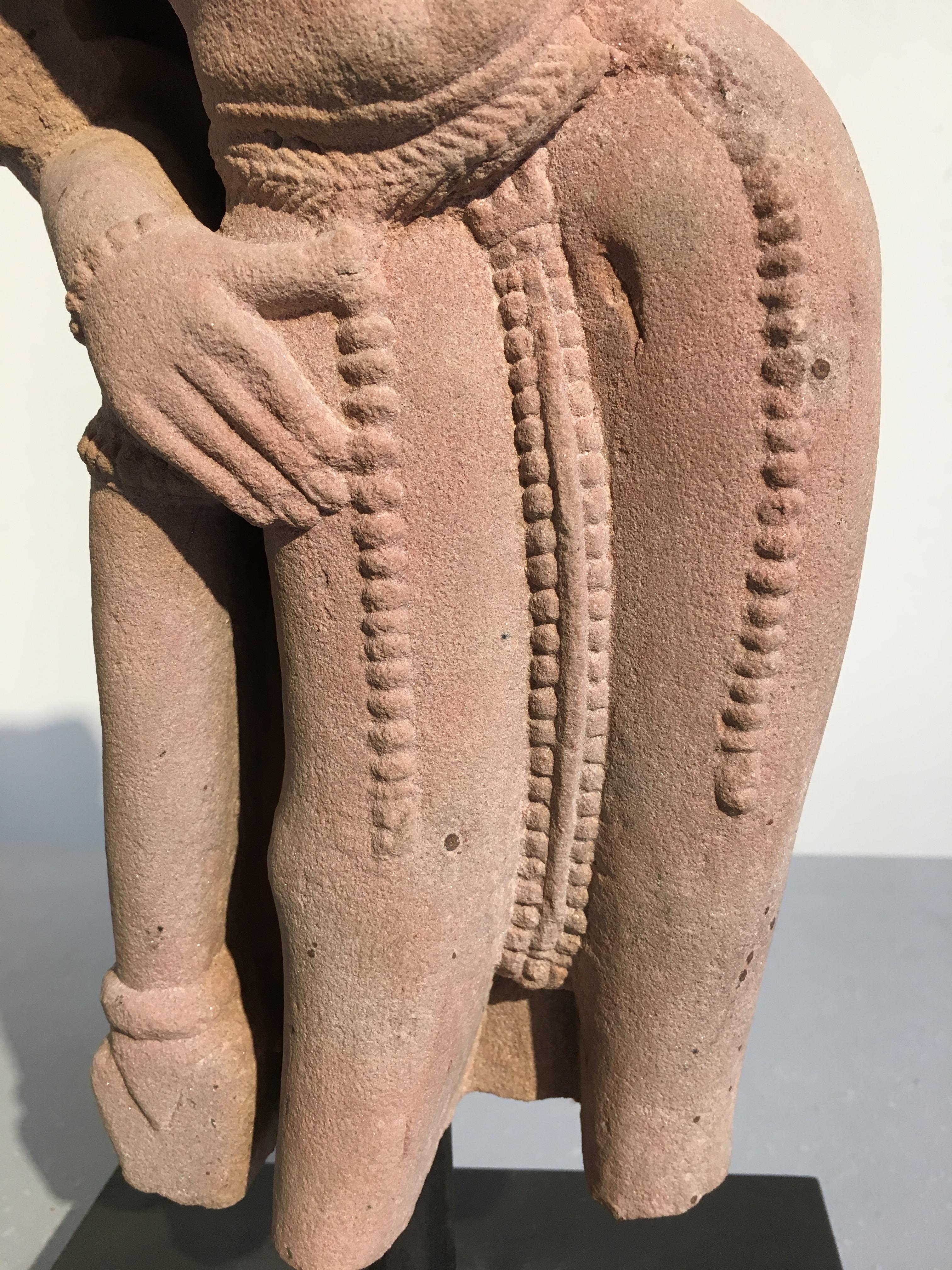 Indian Carved Pink Sandstone Torso of Vishnu, 10th-11th Century In Distressed Condition In Austin, TX