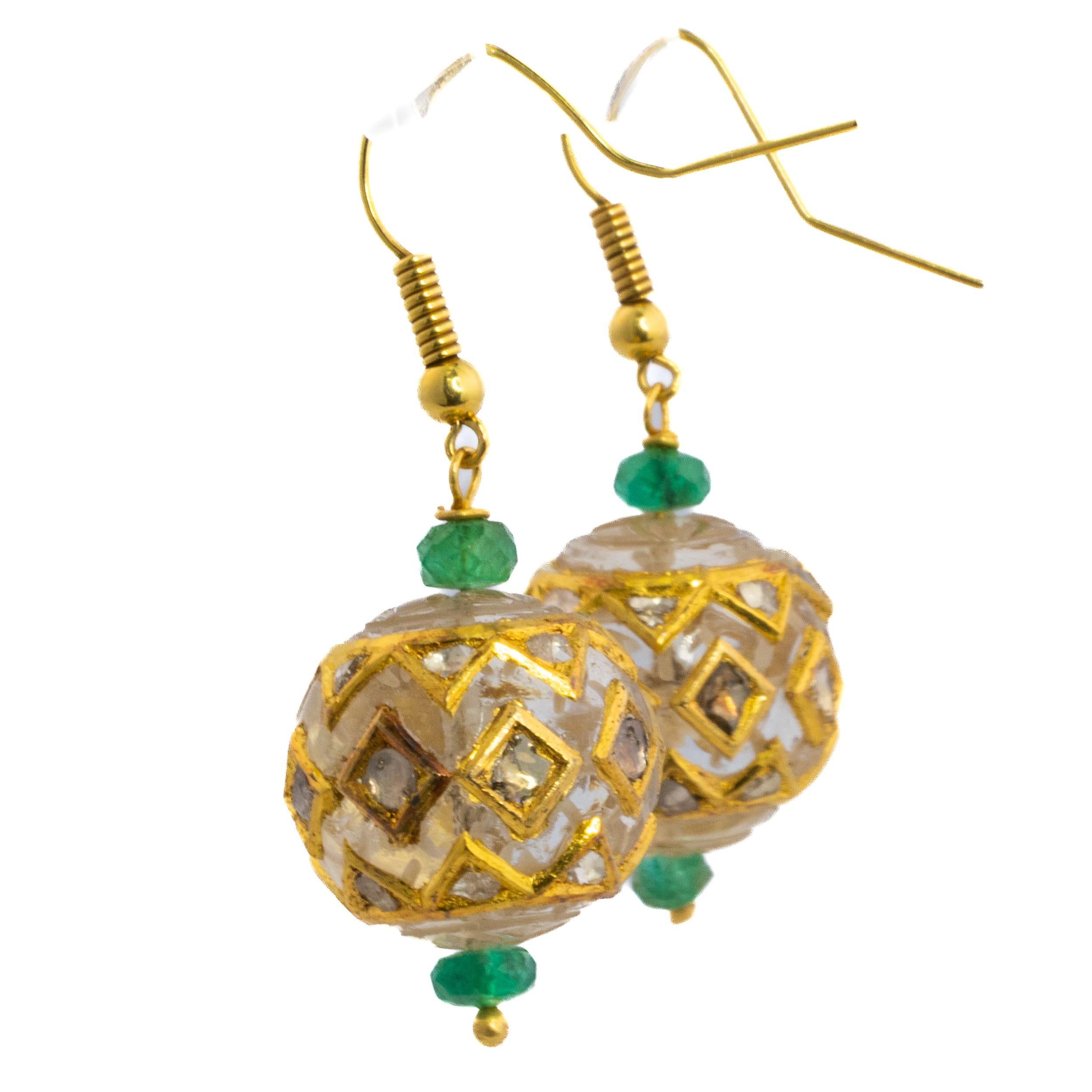 Retro Indian Carved Rock Crystal and Emerald Bead Earrings For Sale