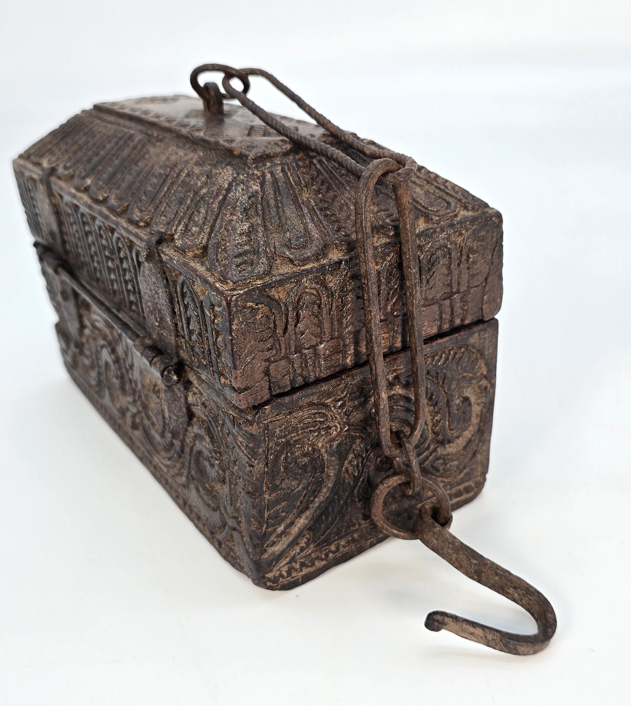 Wrought Iron Indian carved wood spice box, late 17th century, circa 1790 For Sale