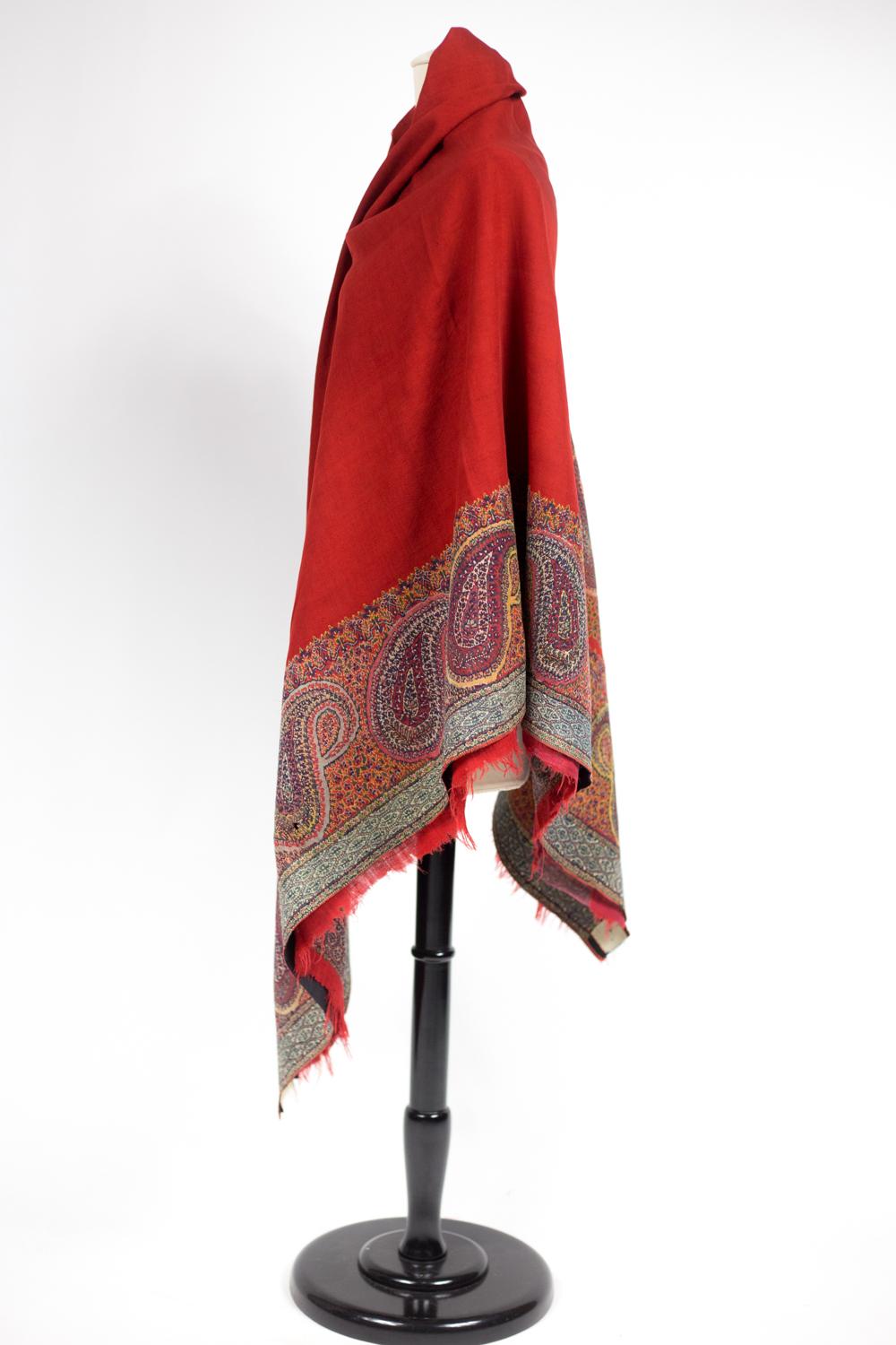 Red Indian Cashmere Kani Squared Shawl Circa 1840 For Sale