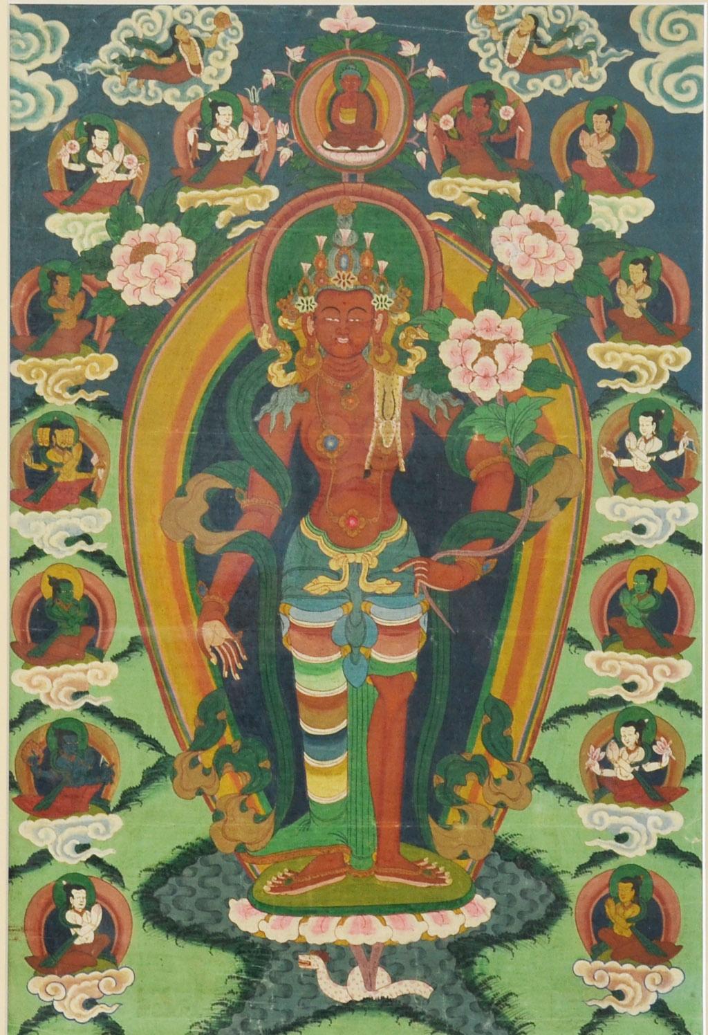 Indische zeremonielle hinduistische Gottheit, handbemalt auf Leinwand in vergoldetem Rahmen (Handbemalt) im Angebot