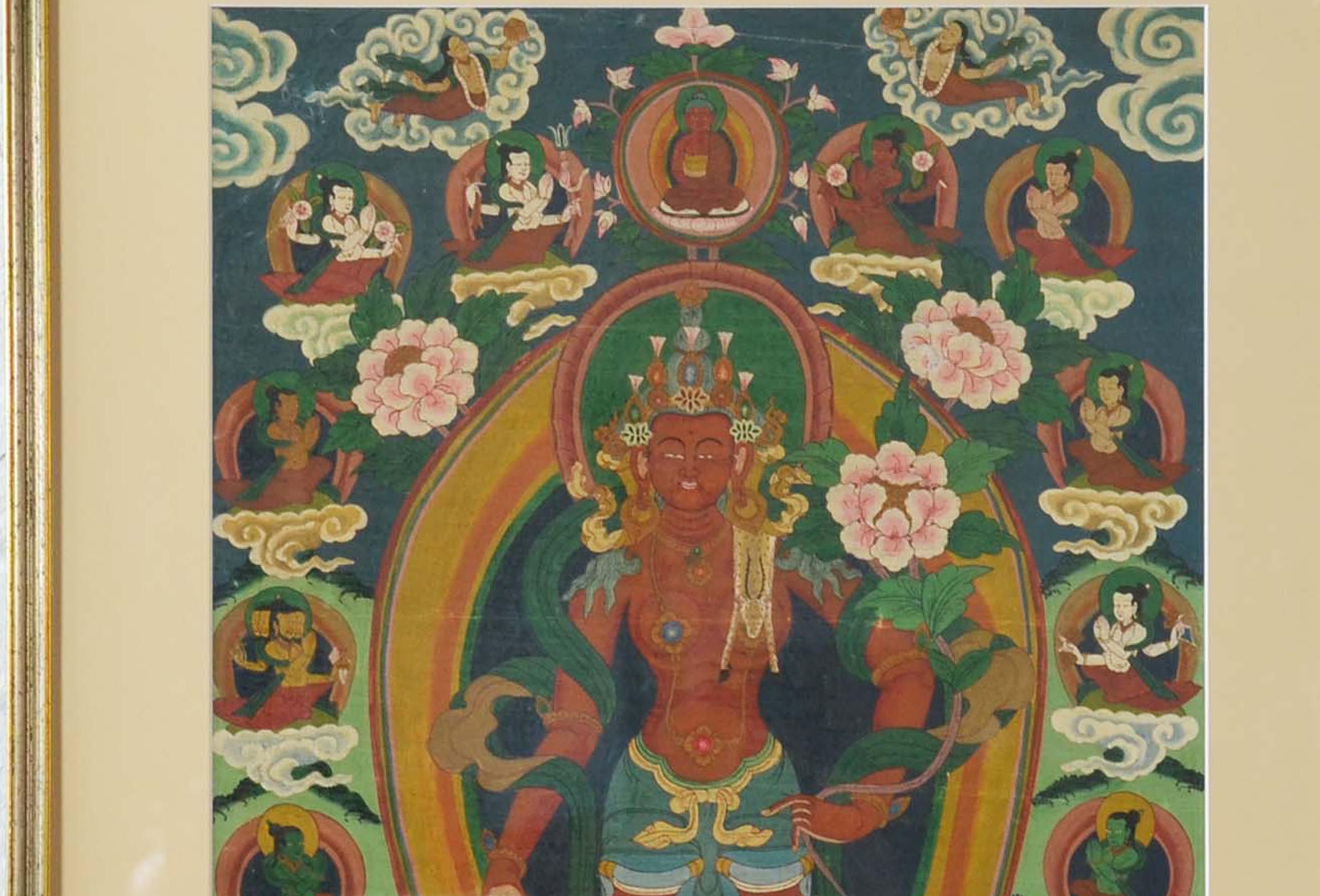 Indische zeremonielle hinduistische Gottheit, handbemalt auf Leinwand in vergoldetem Rahmen (20. Jahrhundert) im Angebot