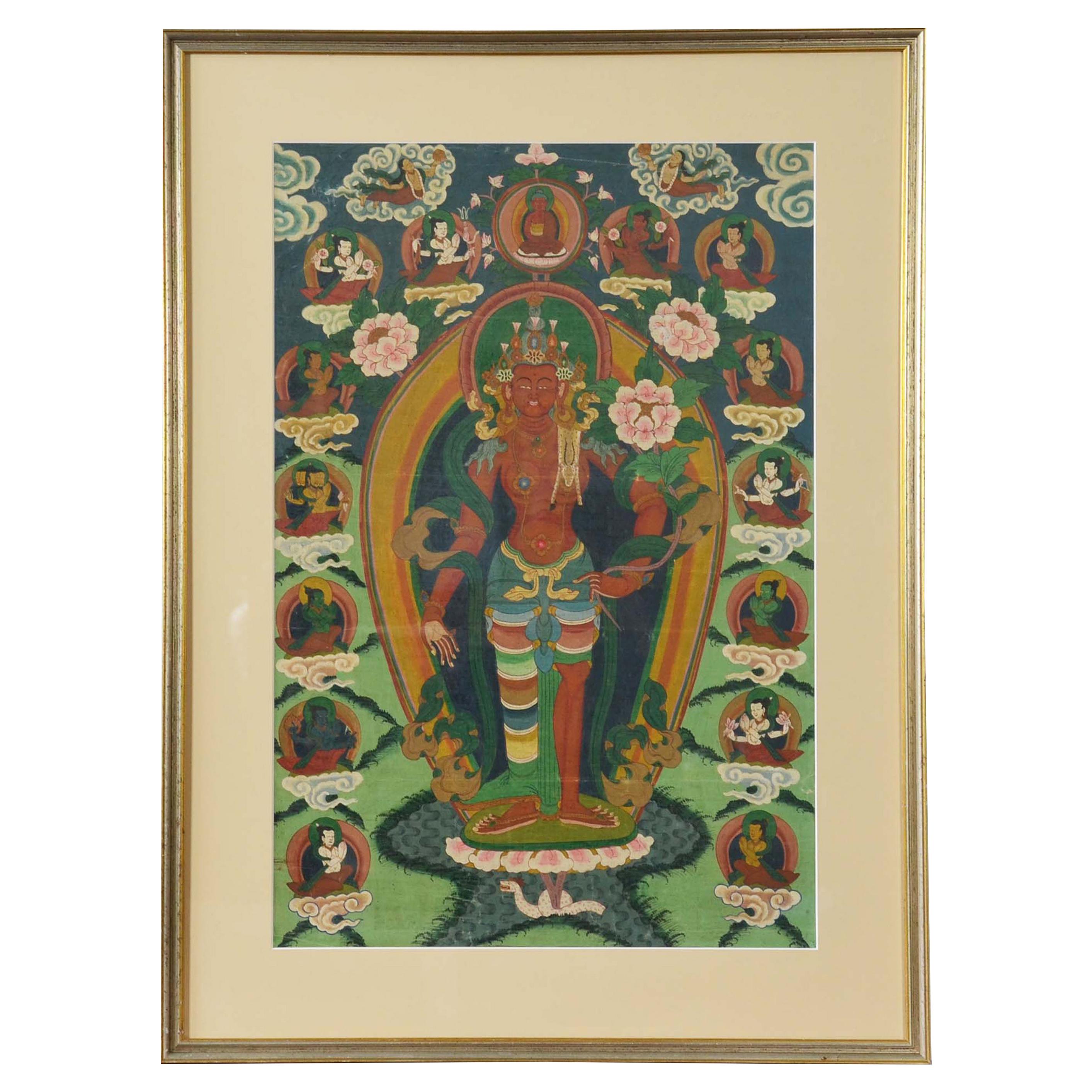 Indische zeremonielle hinduistische Gottheit, handbemalt auf Leinwand in vergoldetem Rahmen im Angebot