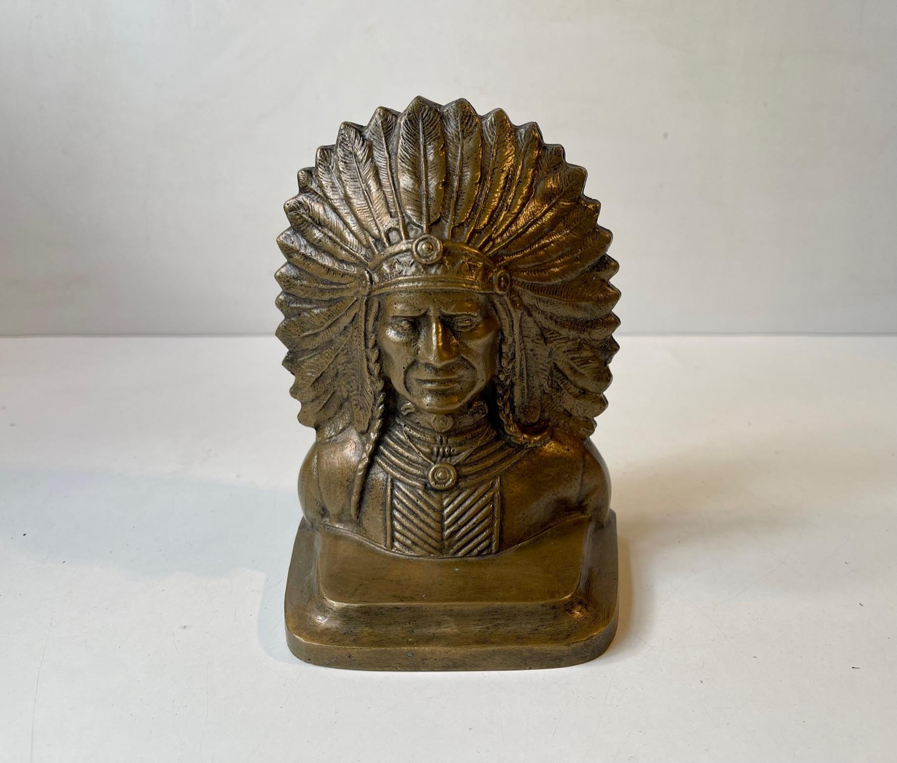 Cast Indian Chief Desk Sculpture or Bookend in Bronze For Sale