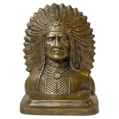 Antique Indian Chief Desk Sculpture or Bookend in Bronze