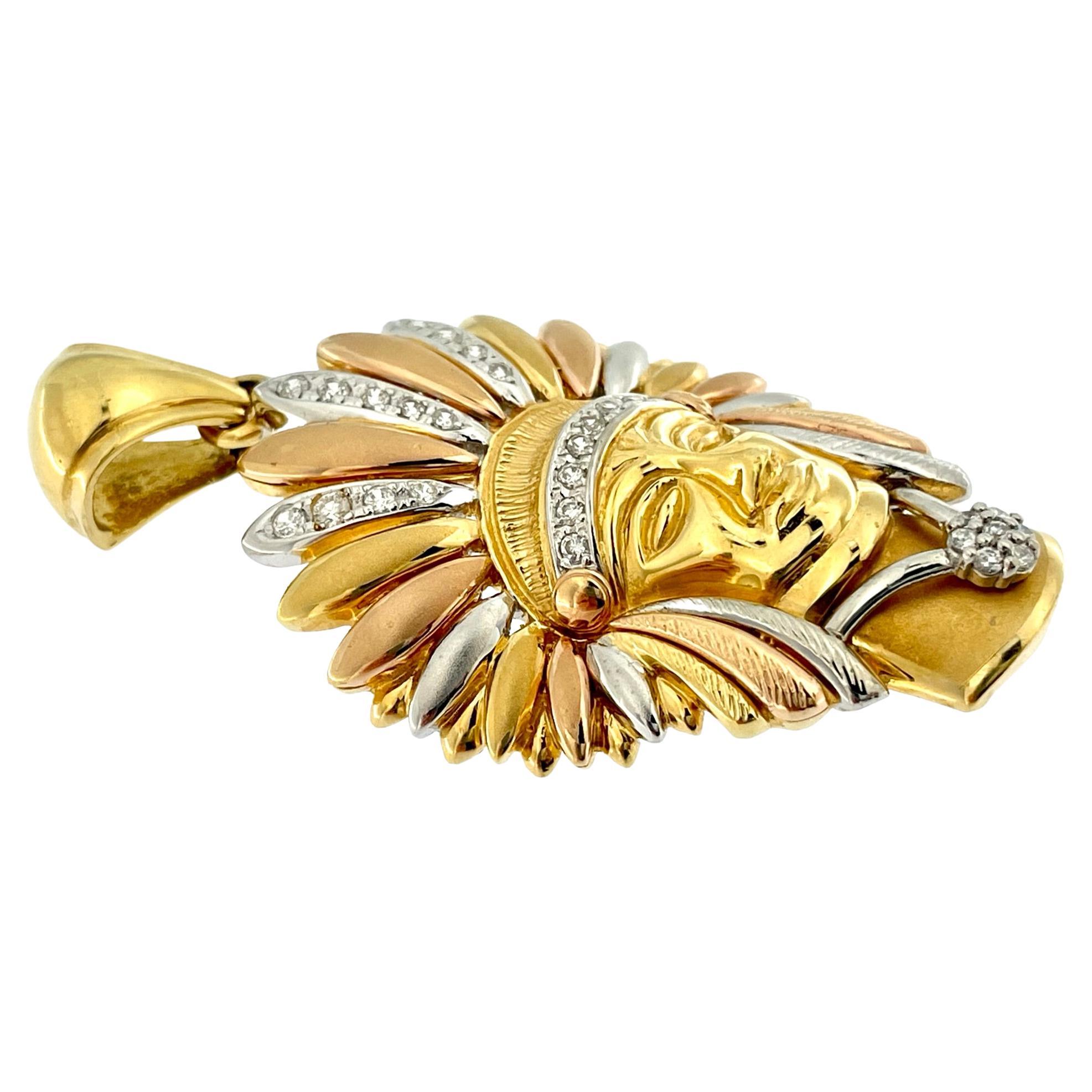 The Indian Chief Head 18kt Gold-Trio with Diamonds is a stunning and intricately designed piece of jewelry that pays homage to the rich cultural heritage of natives americans. It is crafted using three types of gold: 18kt yellow gold, 18kt white