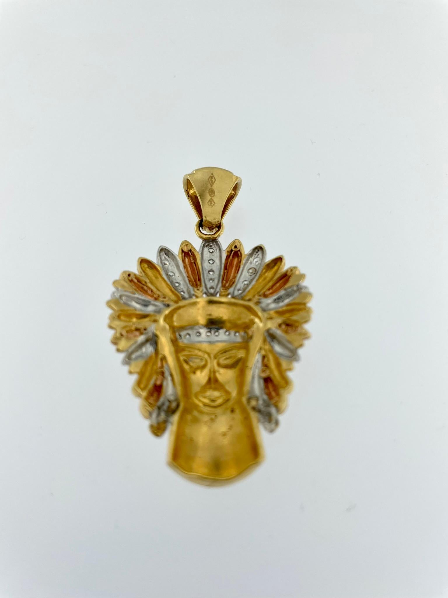 Modern Indian Chief Head 18kt Gold-Trio with Diamonds For Sale