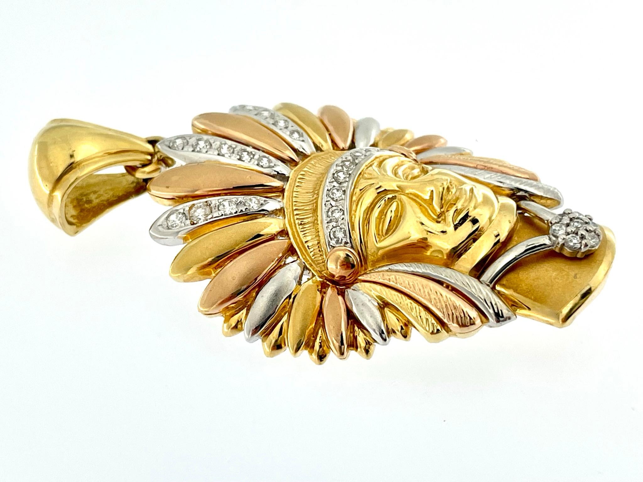 Brilliant Cut Indian Chief Head 18kt Gold-Trio with Diamonds For Sale