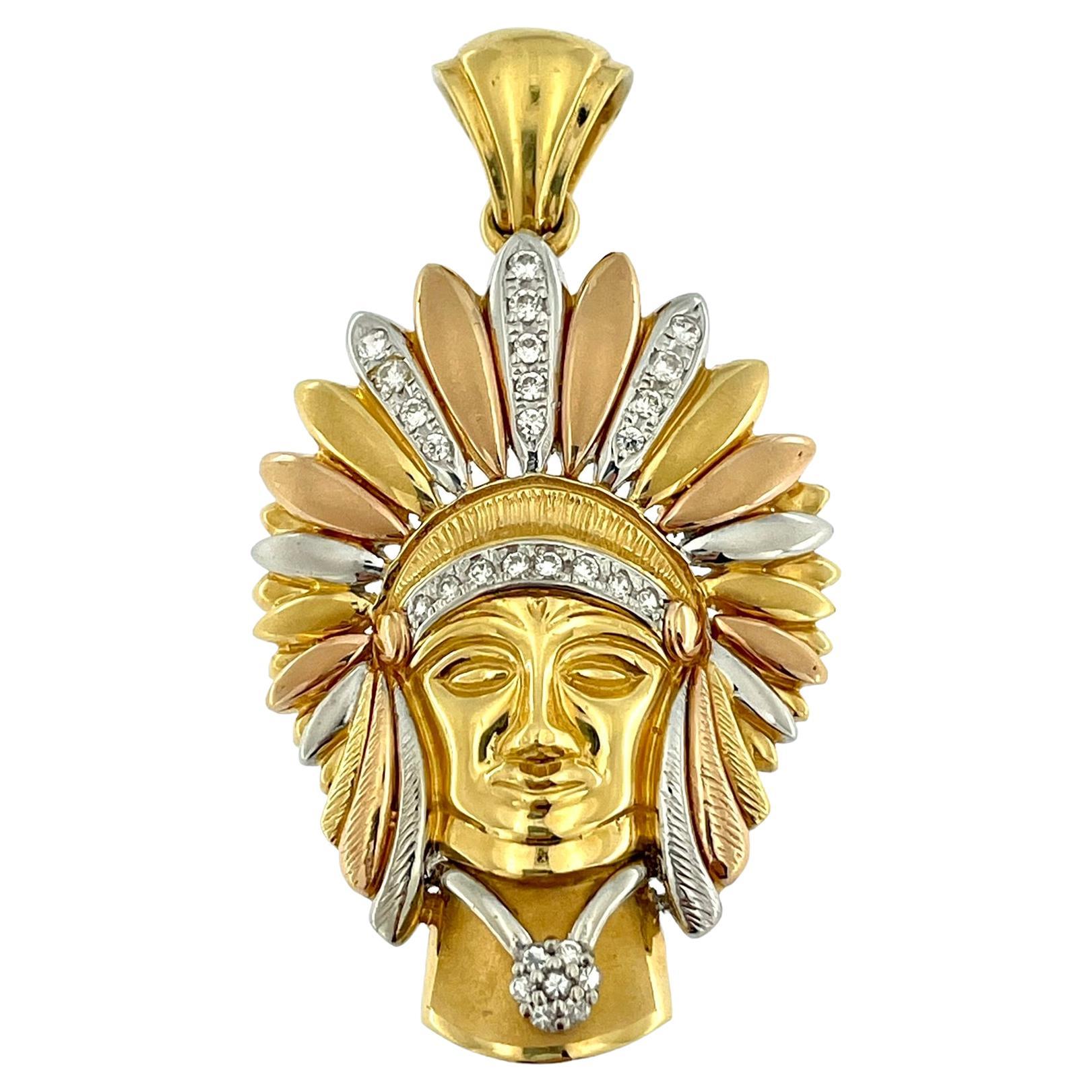 Indian Chief Head 18kt Gold-Trio with Diamonds For Sale