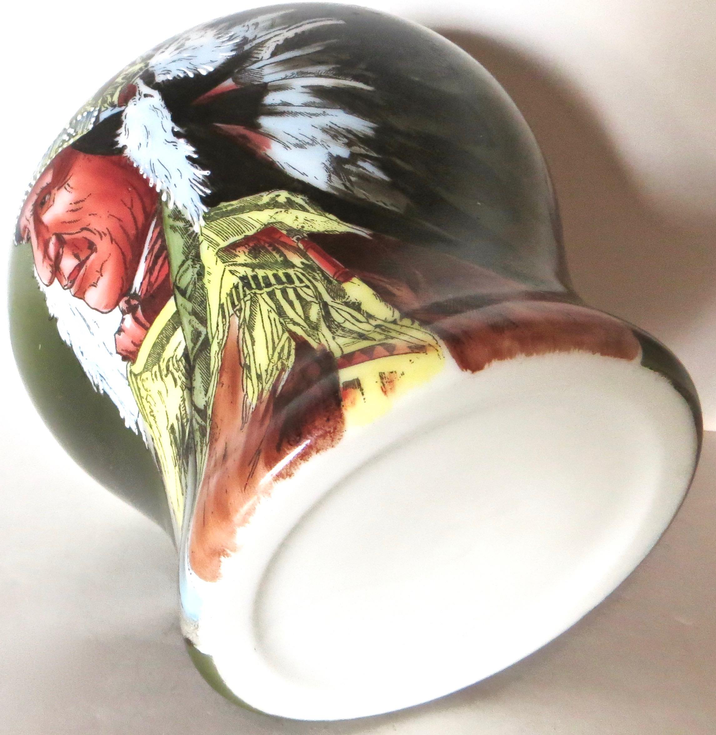 Fine quality hand painted porcelain humidor is in excellent all original condition with no chips, repairs, or overpaint; nice bright crisp paint and detail. No mark, but definitely American, circa 1900 era. Note the detail to the Indian's face and