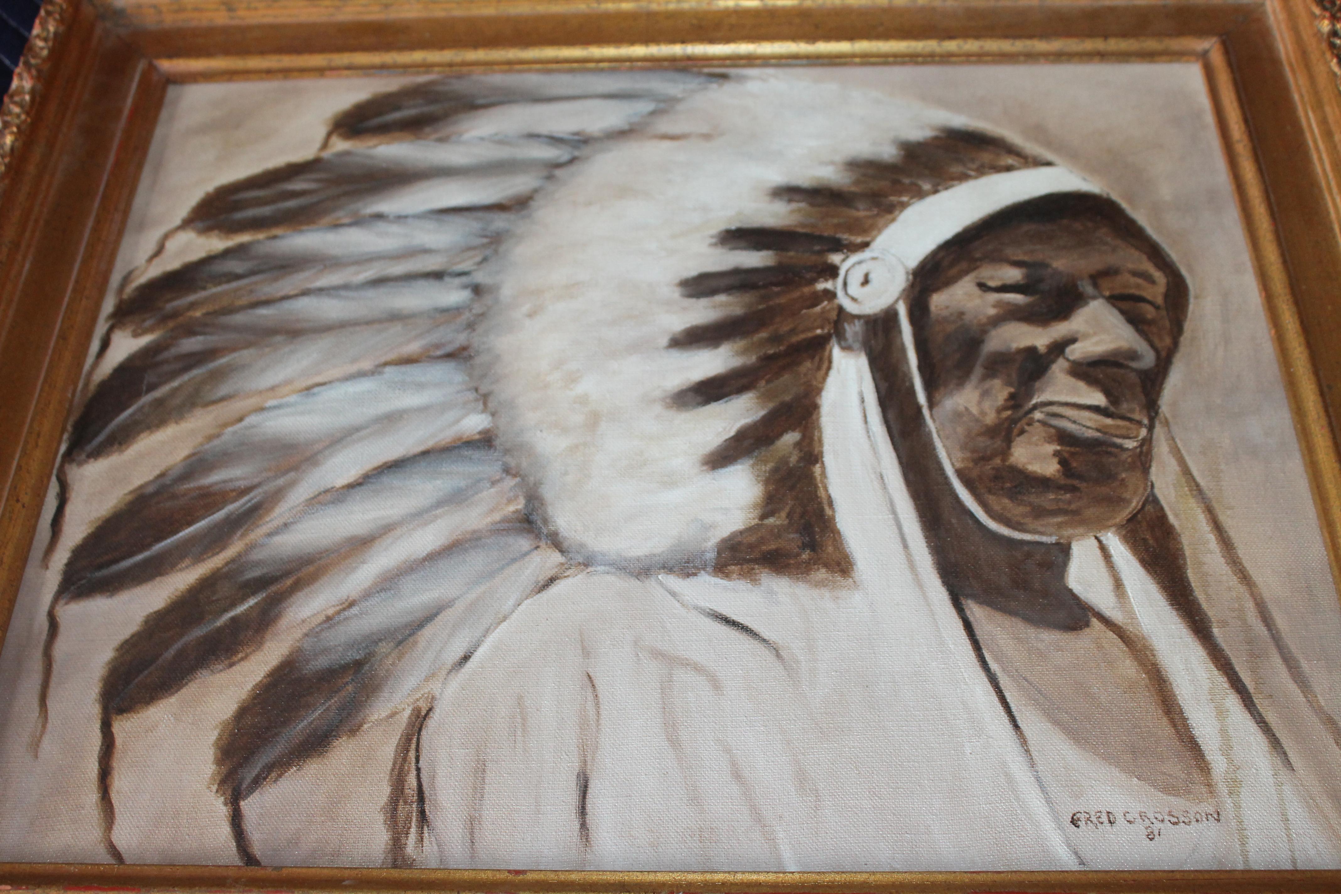 Native American  Indian Chief Oil Painting in Gold Frame For Sale