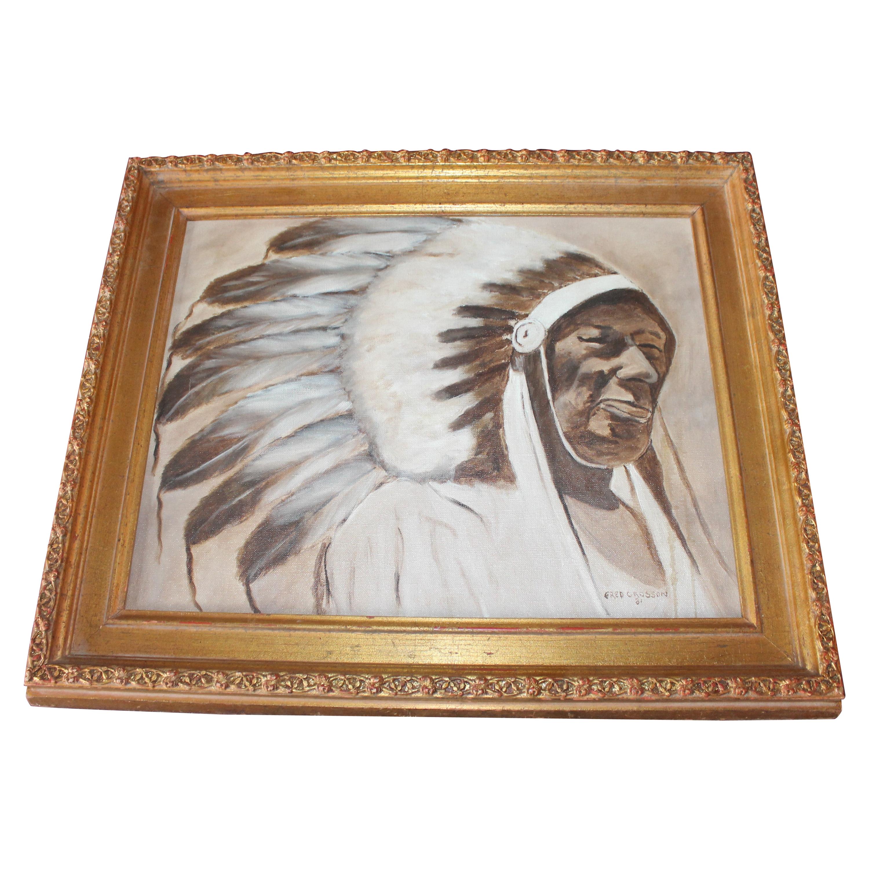  Indian Chief Oil Painting in Gold Frame For Sale