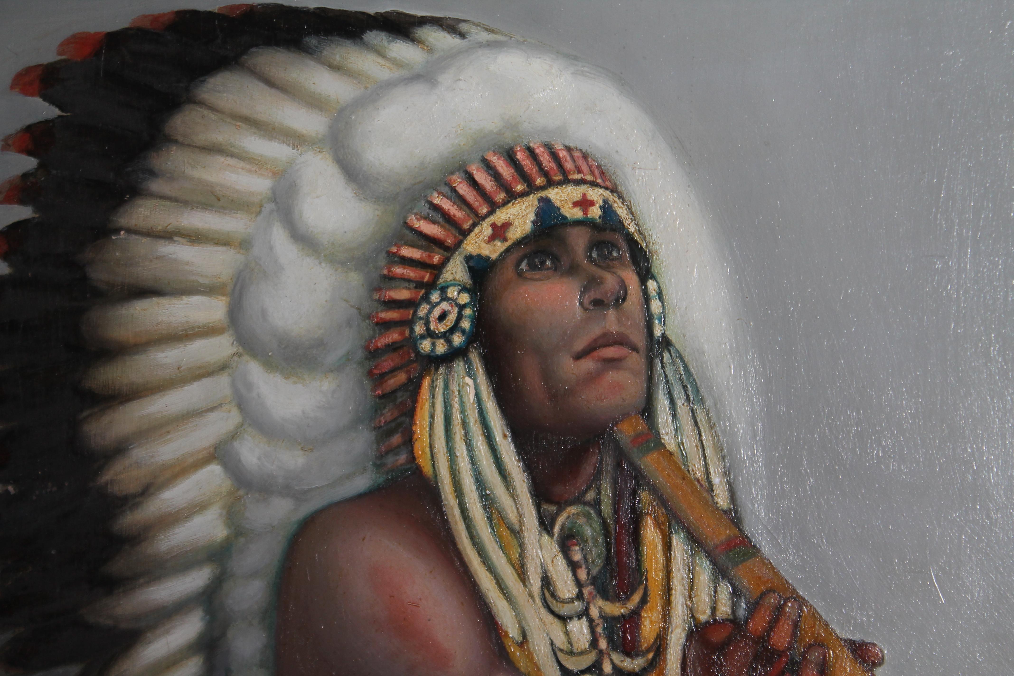Adirondack Indian Chief Painting Signed & Dated 1936 For Sale