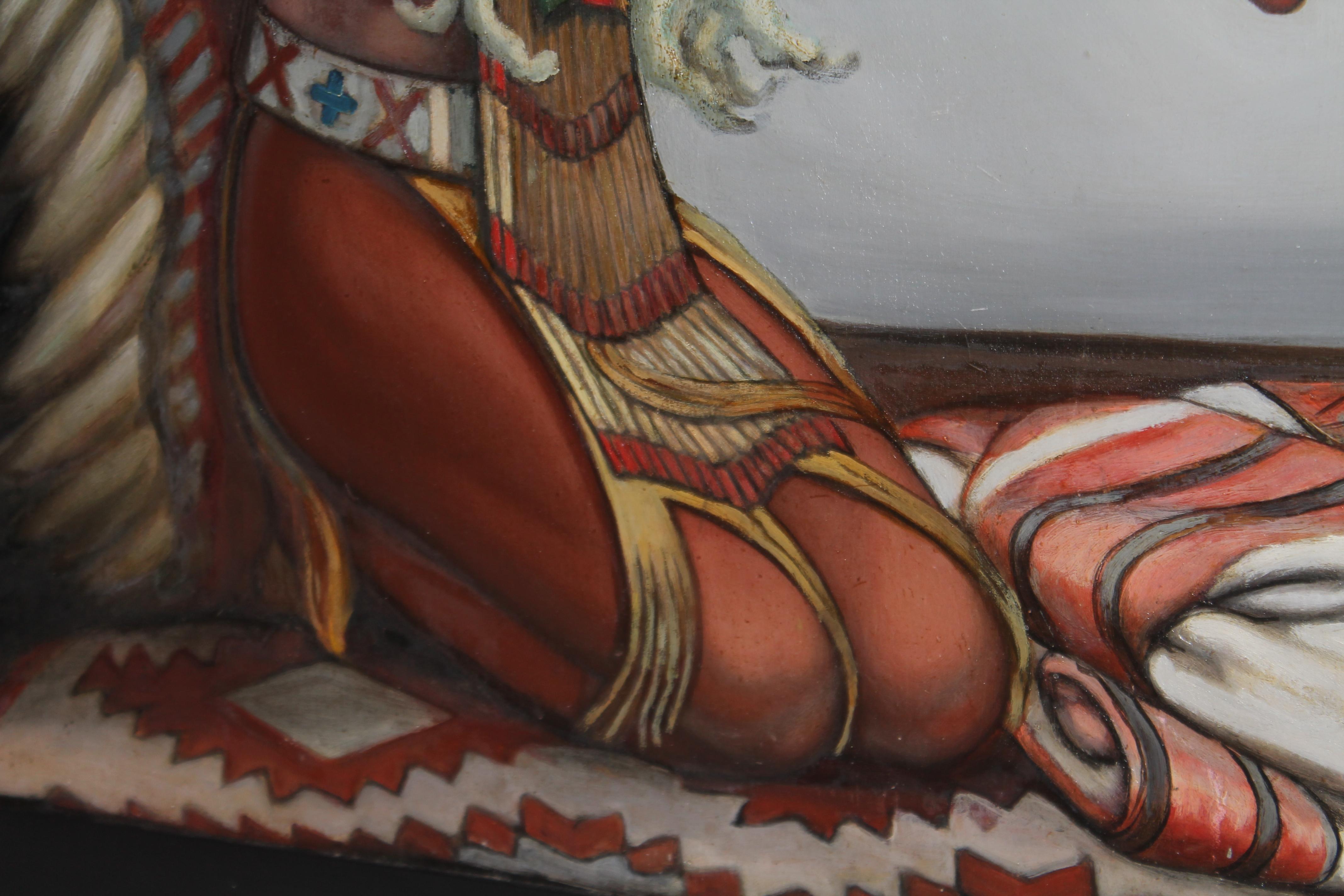 Indisches Chief-Gemälde, signiert und datiert 1936 (Buchsbaumholz) im Angebot