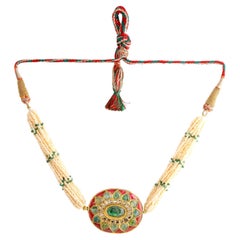 Indian Choker Necklace with Pearls and Emerald Beads Made in 18k Gold