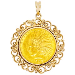Indischer Münzanhänger, 1908 Indianerkopf, 14 Karat Gelbgold Indigene Kunst (Nord-/Südamerika), Zehn