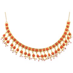 Vintage Indian Coral Pearl Gold Necklace