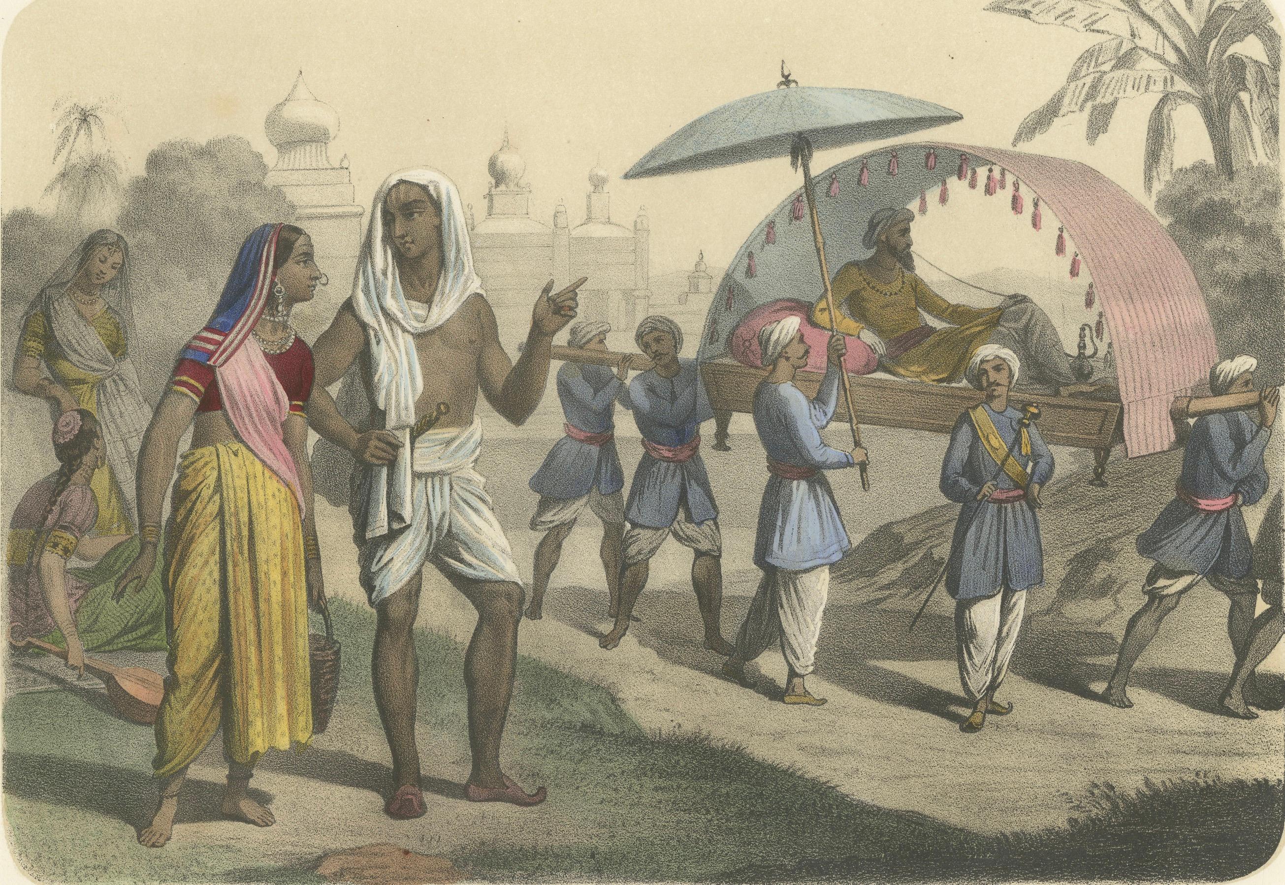 Français Costumes indiens - Couple de Bramin, Bayadères et Nabob dans un palanquin, c.I.C. en vente