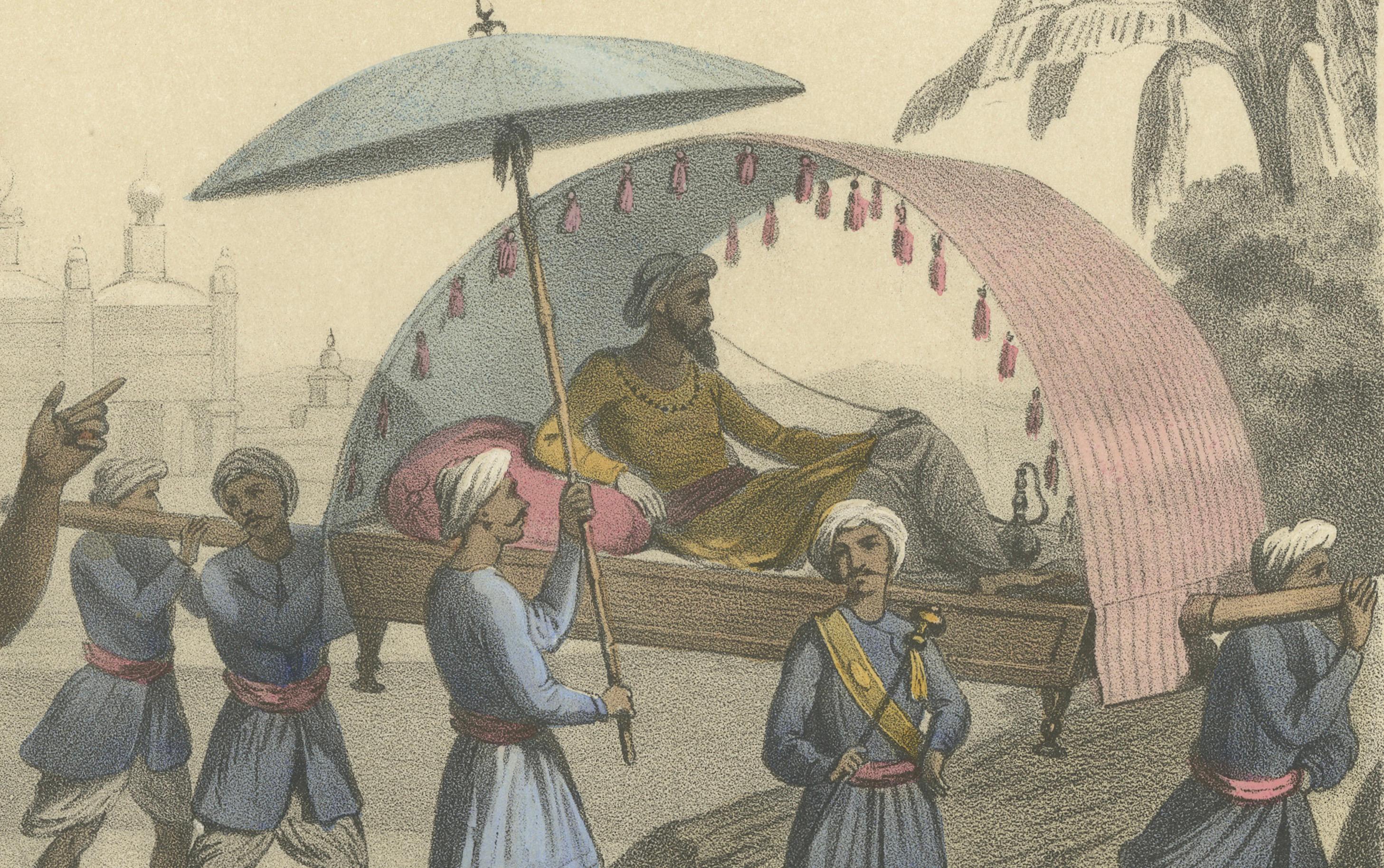 Costumes indiens - Couple de Bramin, Bayadères et Nabob dans un palanquin, c.I.C. Bon état - En vente à Langweer, NL