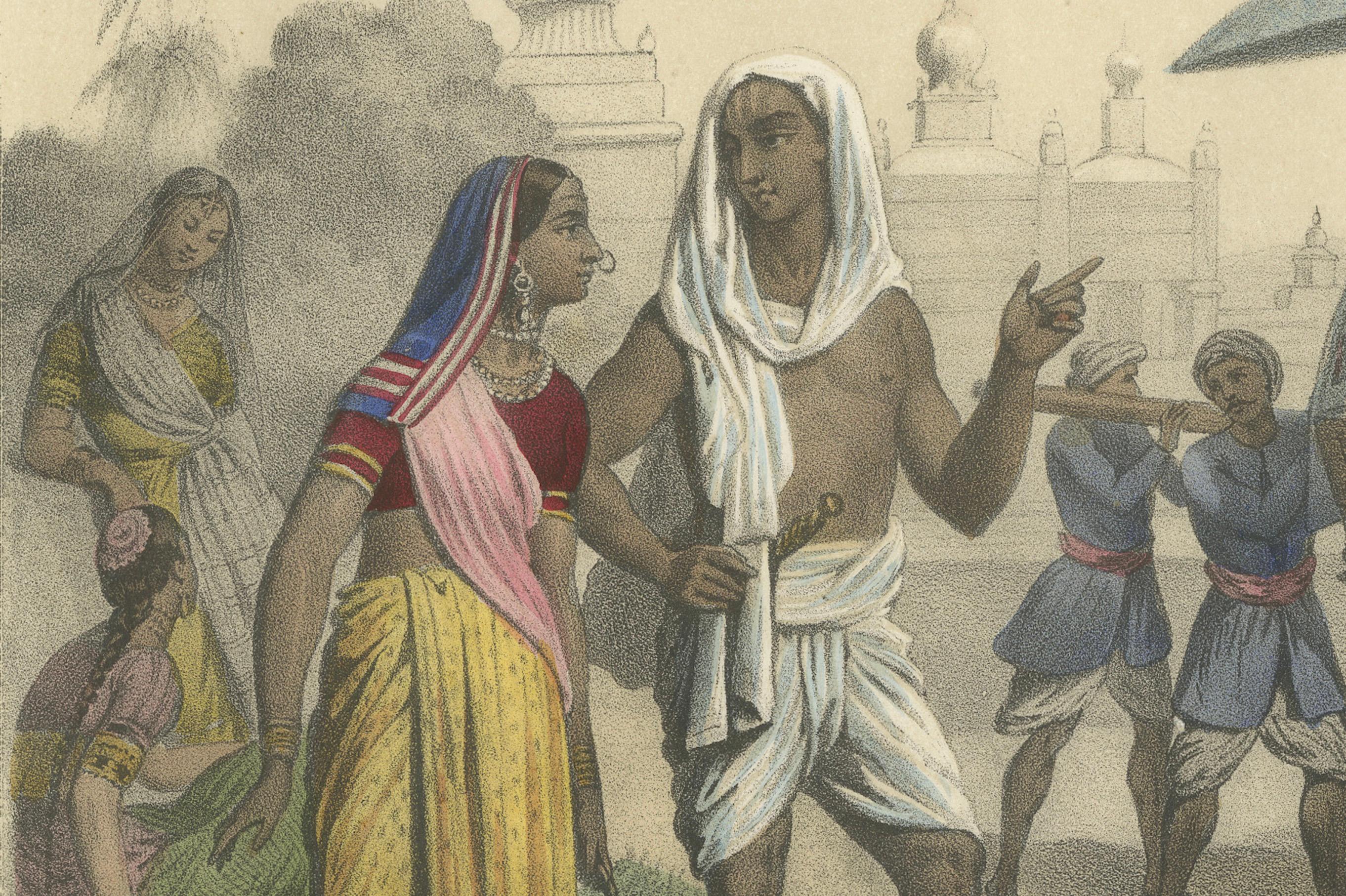 Milieu du XIXe siècle Costumes indiens - Couple de Bramin, Bayadères et Nabob dans un palanquin, c.I.C. en vente