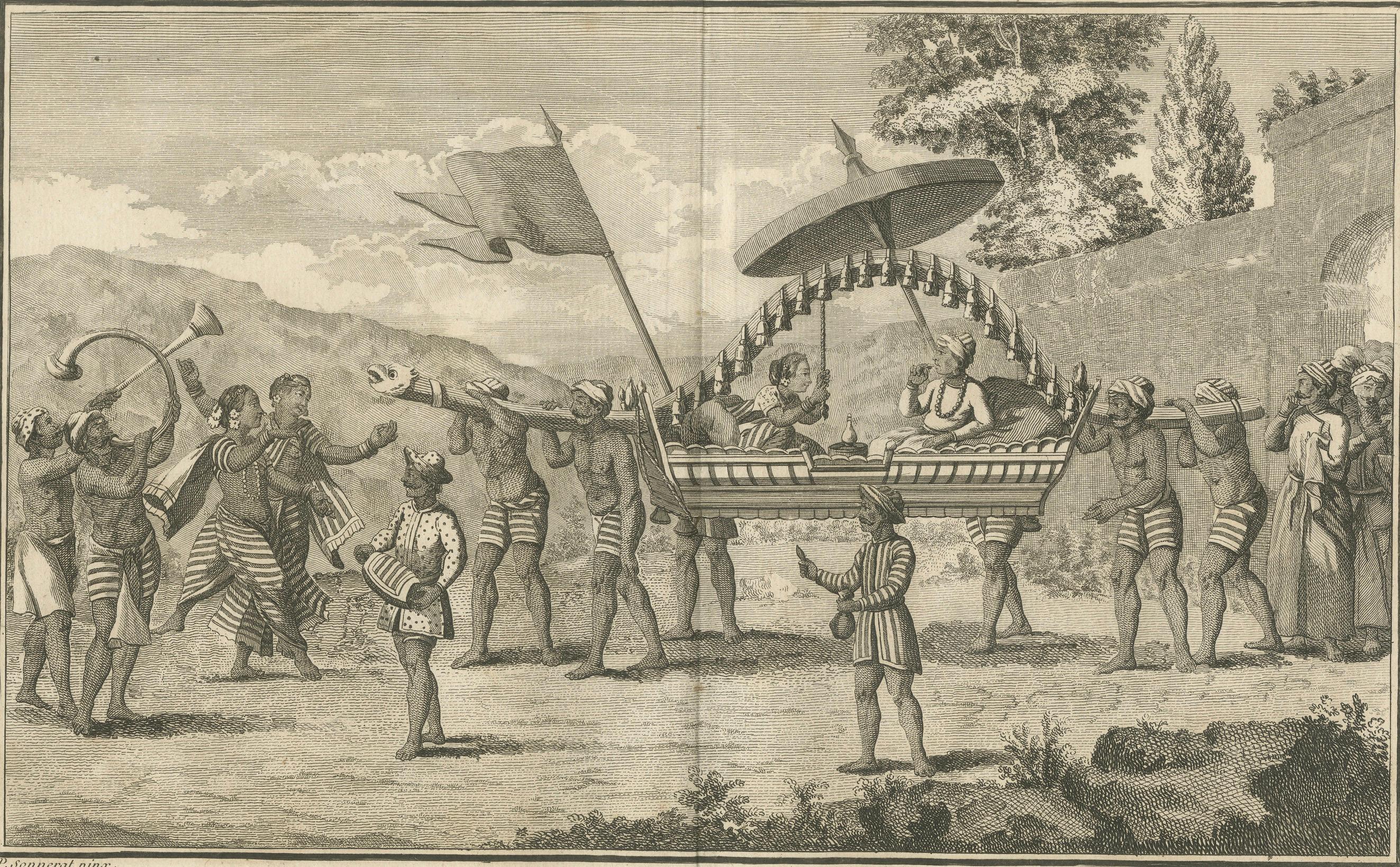 Indisches Paar in zeremonieller Sänfte - Sonnerat-Stich, Paris 1806 (Papier) im Angebot