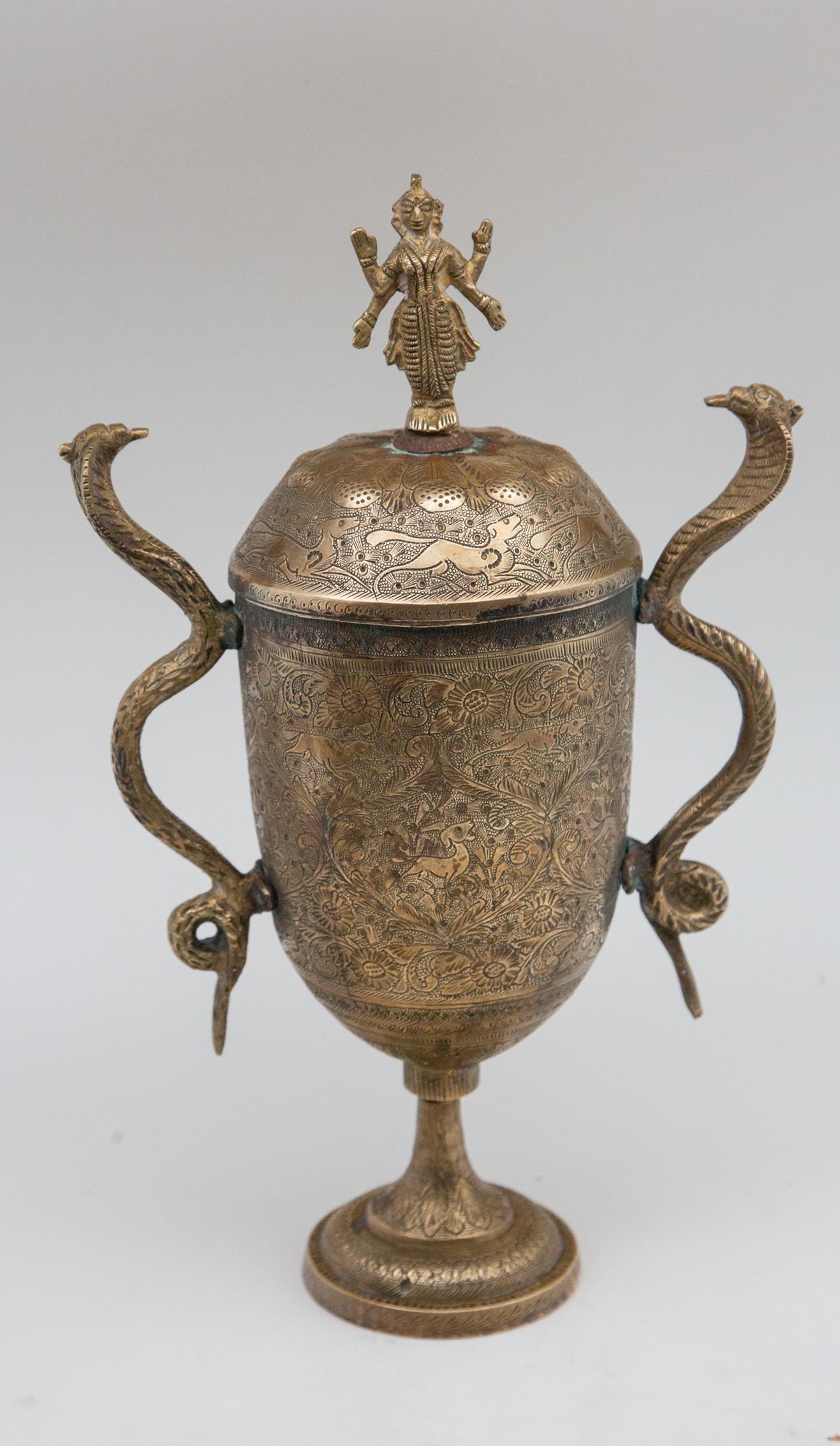 Indian Covered Brass Urn with Deity and Serpent Handles In Good Condition In New York, NY