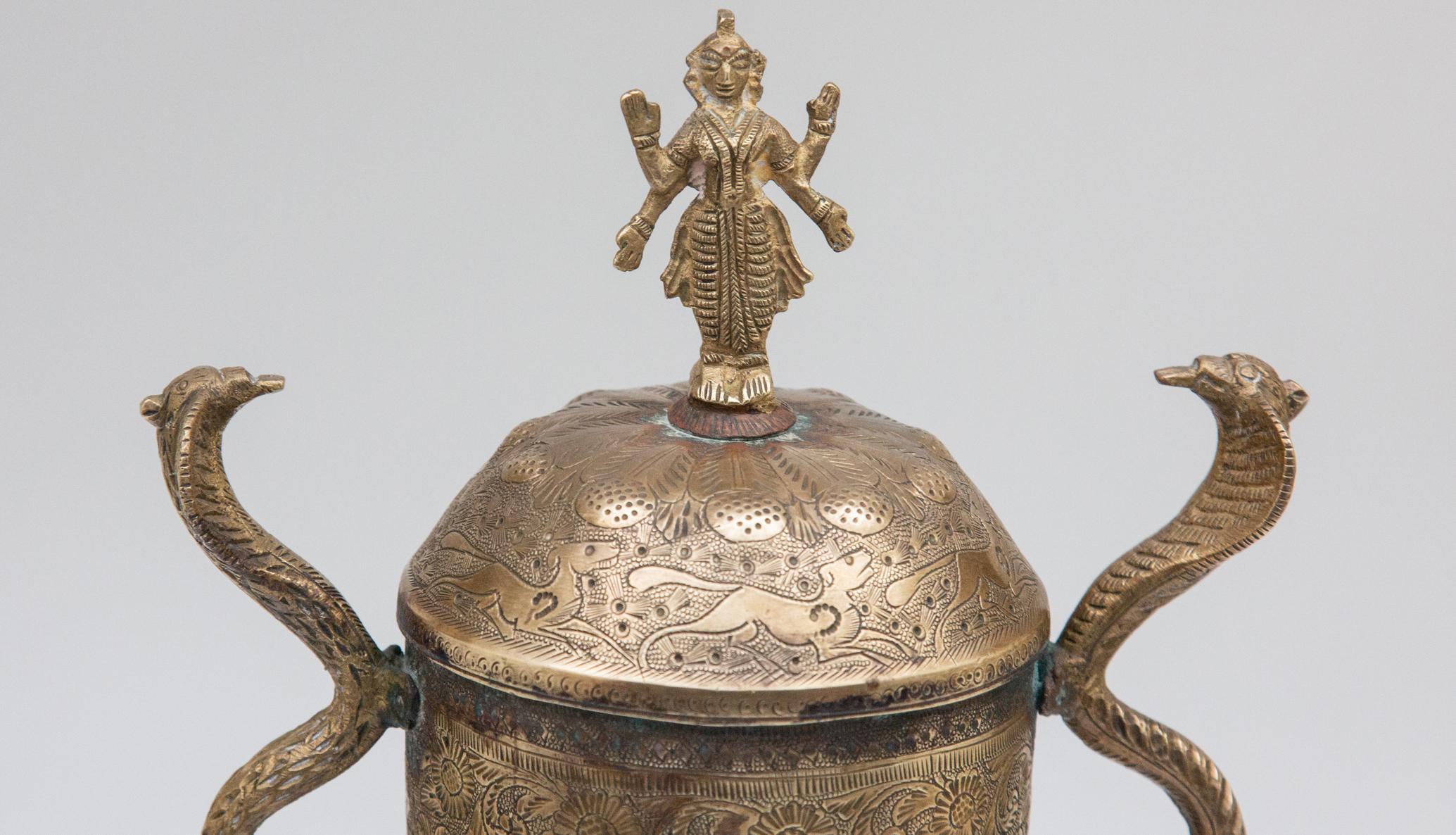 Indian Covered Brass Urn with Deity and Serpent Handles 1