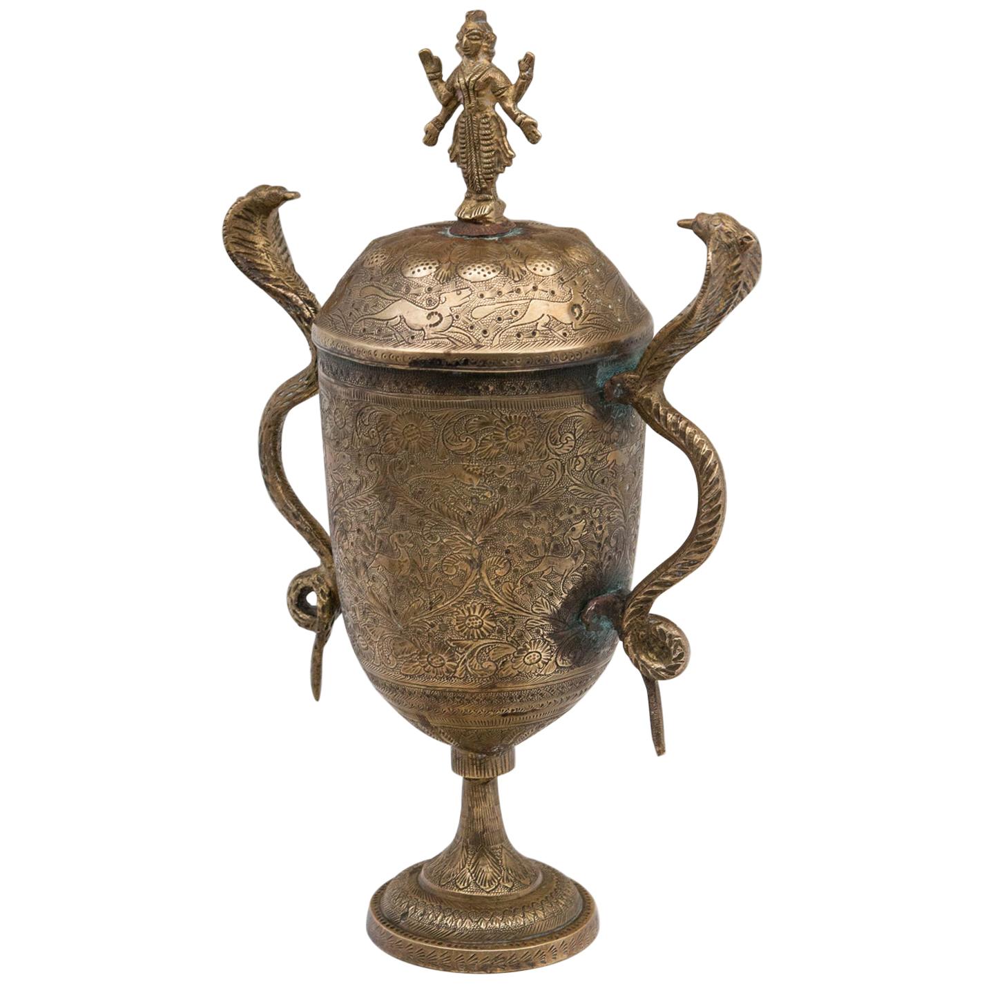 Indian Covered Brass Urn with Deity and Serpent Handles