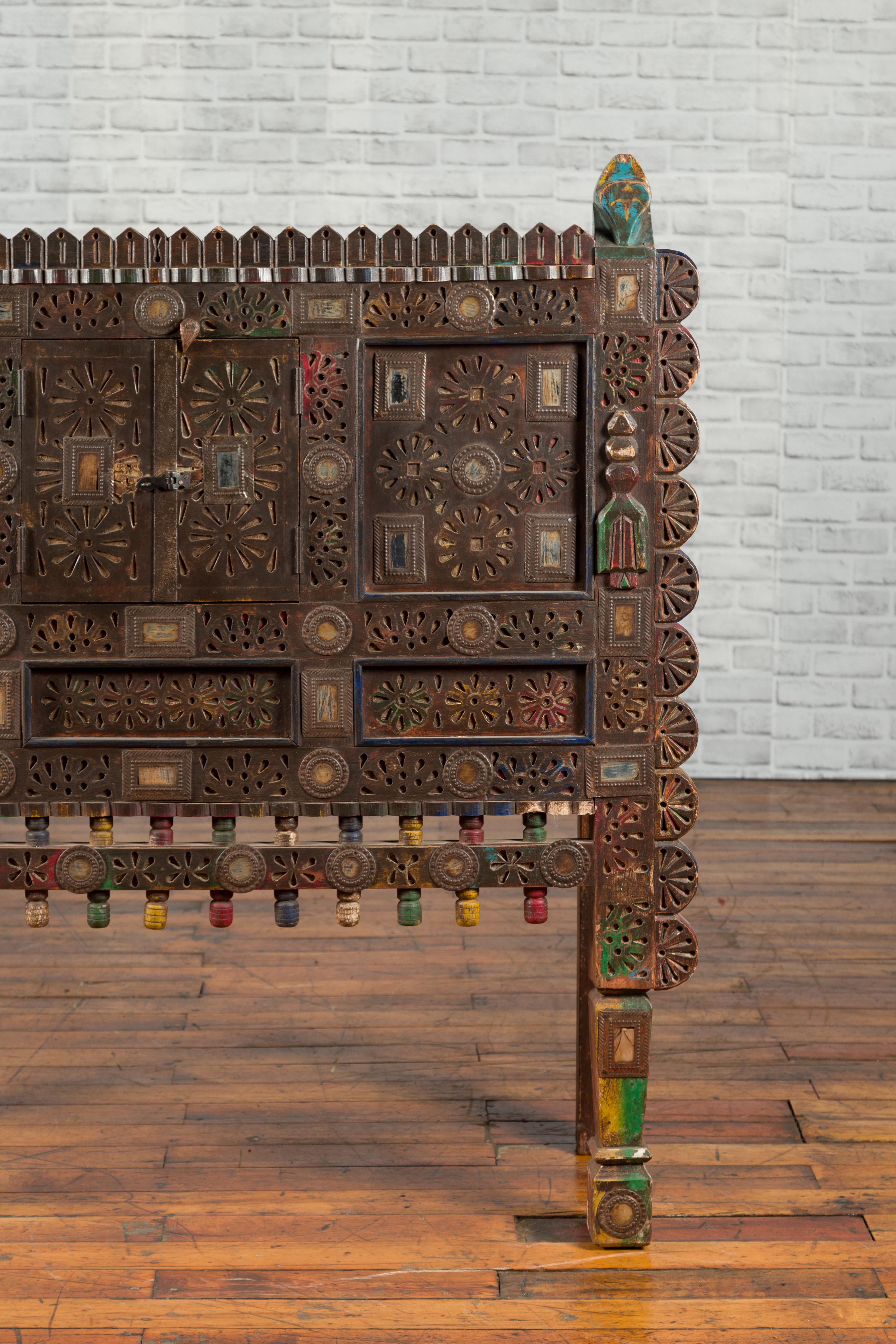 Folk Art Indian Damachiya Gujarati Shesham Wood Two-Door Cabinet with Polychrome Accents