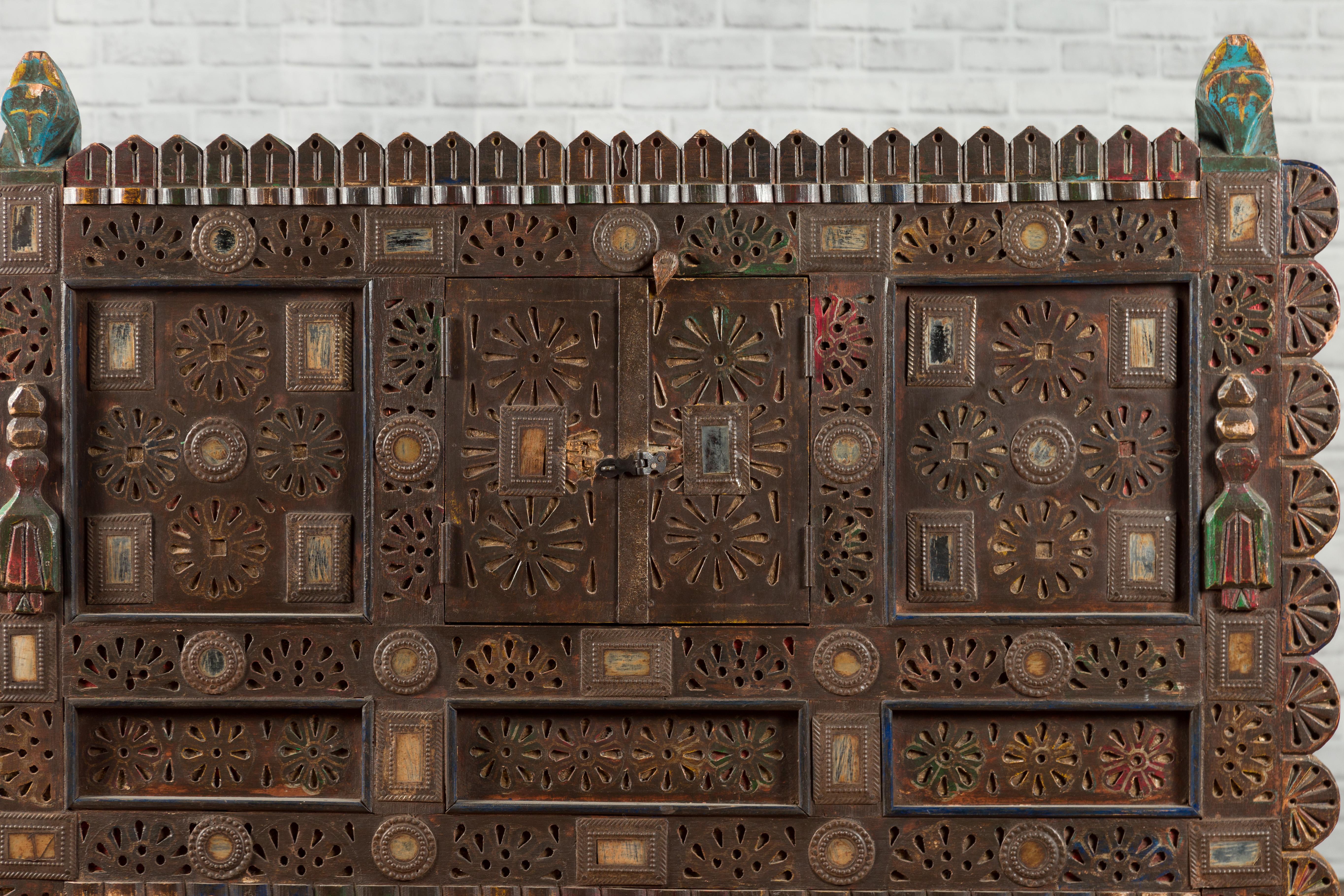 Hand-Carved Indian Damachiya Gujarati Shesham Wood Two-Door Cabinet with Polychrome Accents