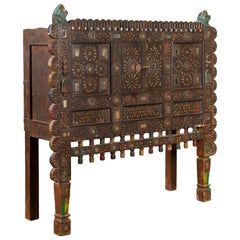 Antique Indian Damachiya Gujarati Shesham Wood Two-Door Cabinet with Polychrome Accents