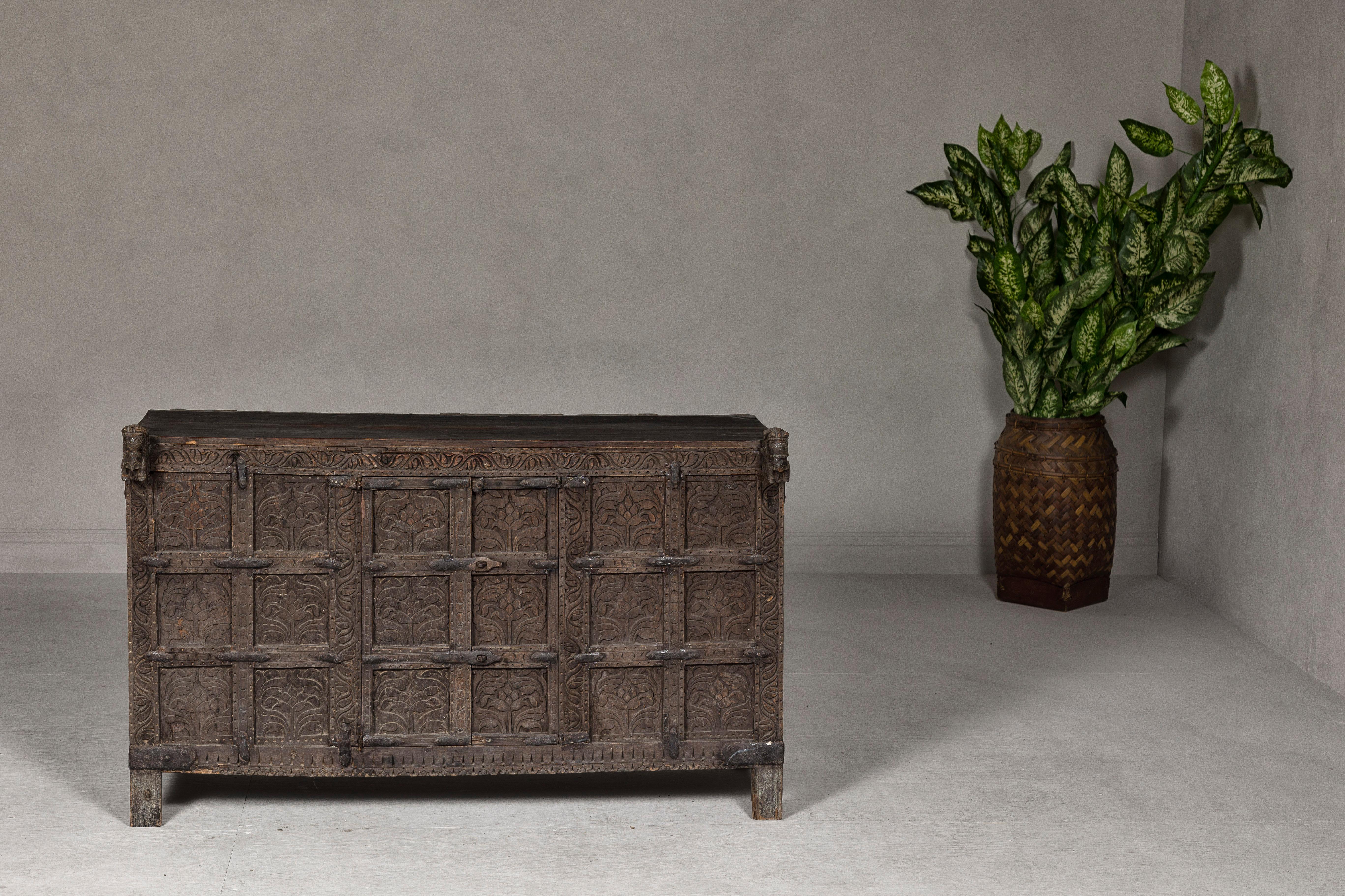 Carved Indian Damachiya Wedding Cabinet on Legs with Floral Motifs and Horse Heads