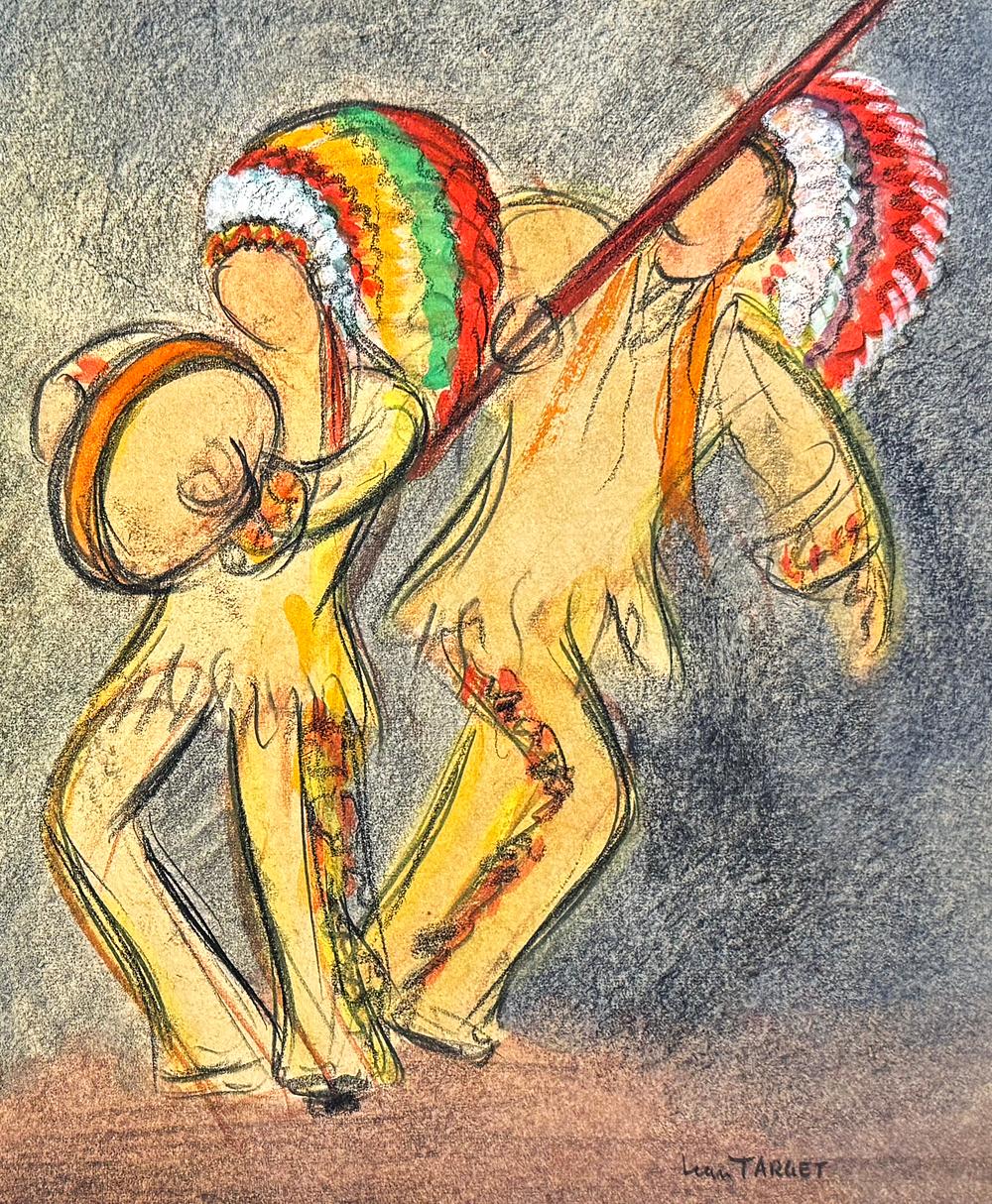 This depiction of two Native American men in full headdresses, dancing in the company of three women, arm in arm, is evidence of Western Europe's fascination with American Indian culture, dress and way of life.  L'artista, Jean Target, utilizza un