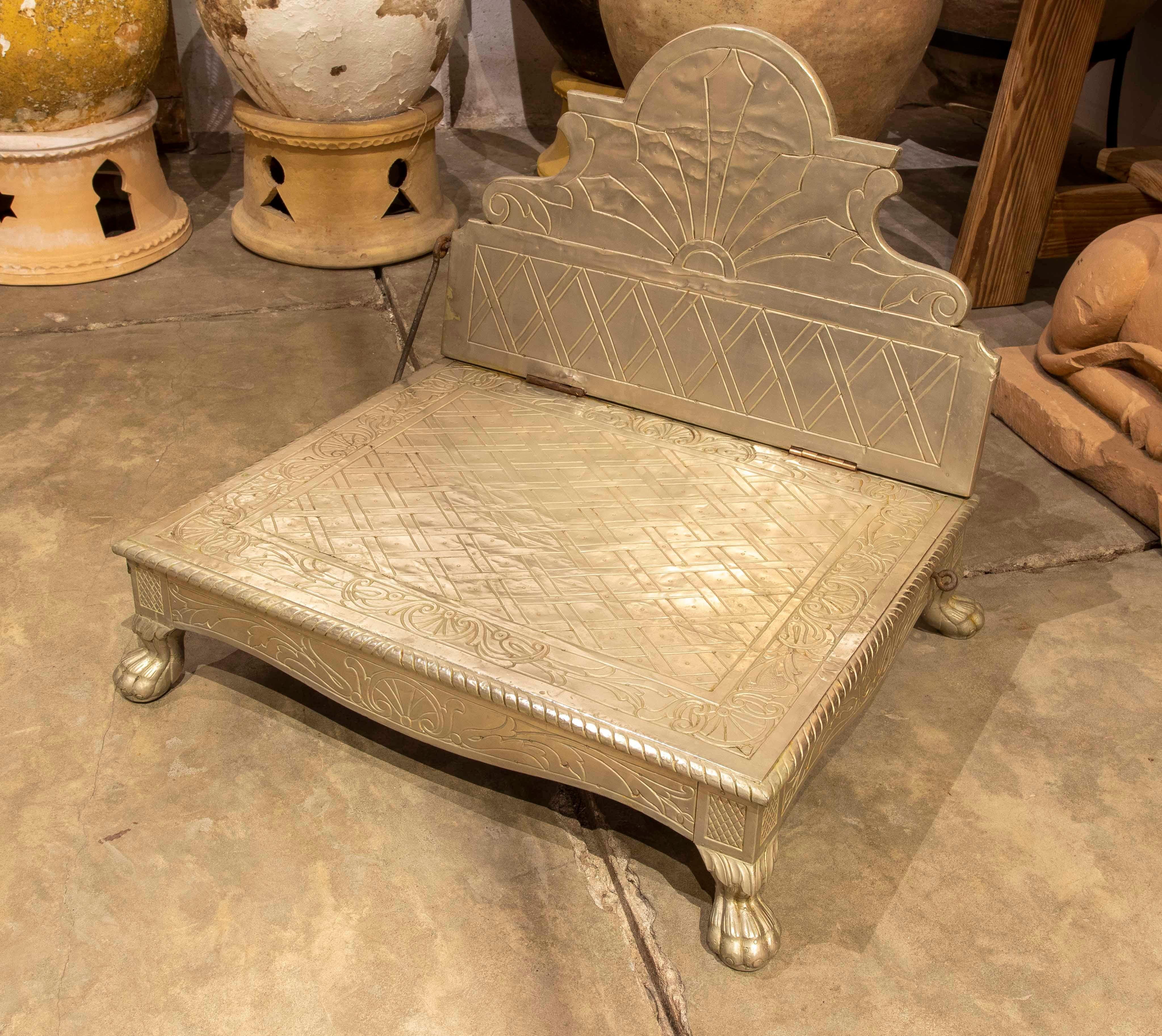 20th Century Indian Decorated Metal Veneered Wooden Chair with Reclining Backrest For Sale