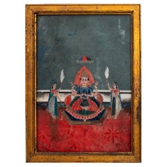 Indian Deity & Attendants Reverse Glass Painting