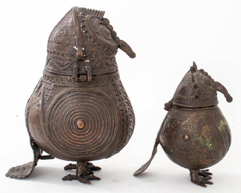20th Century Indian Dhokra Bronze Owl Containers, Ca. 1900, Pair For Sale
