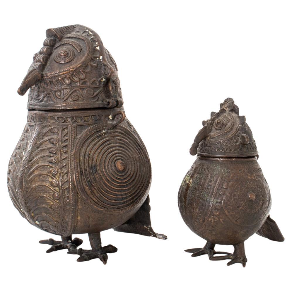 Indian Dhokra Bronze Owl Containers, Ca. 1900, Pair For Sale