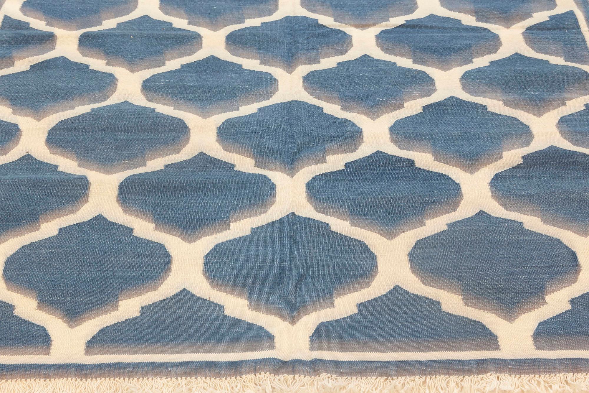 Hand-Woven Indian Dhurrie Design Blue and White Handmade Cotton Rug by Doris Leslie Blau For Sale
