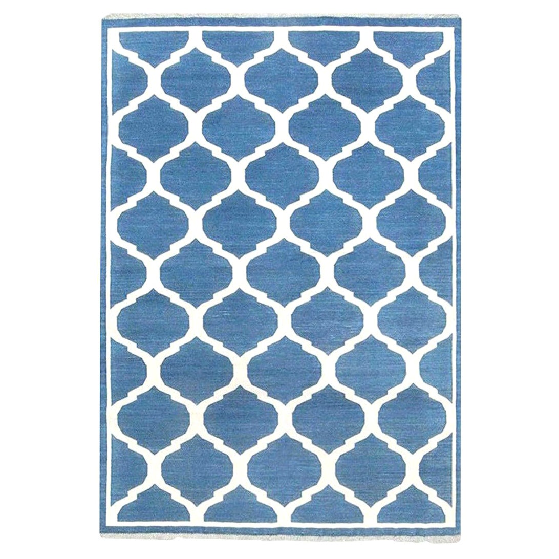 Silk and Cotton Indian Rug in Teal Blue Color For Sale at 1stDibs