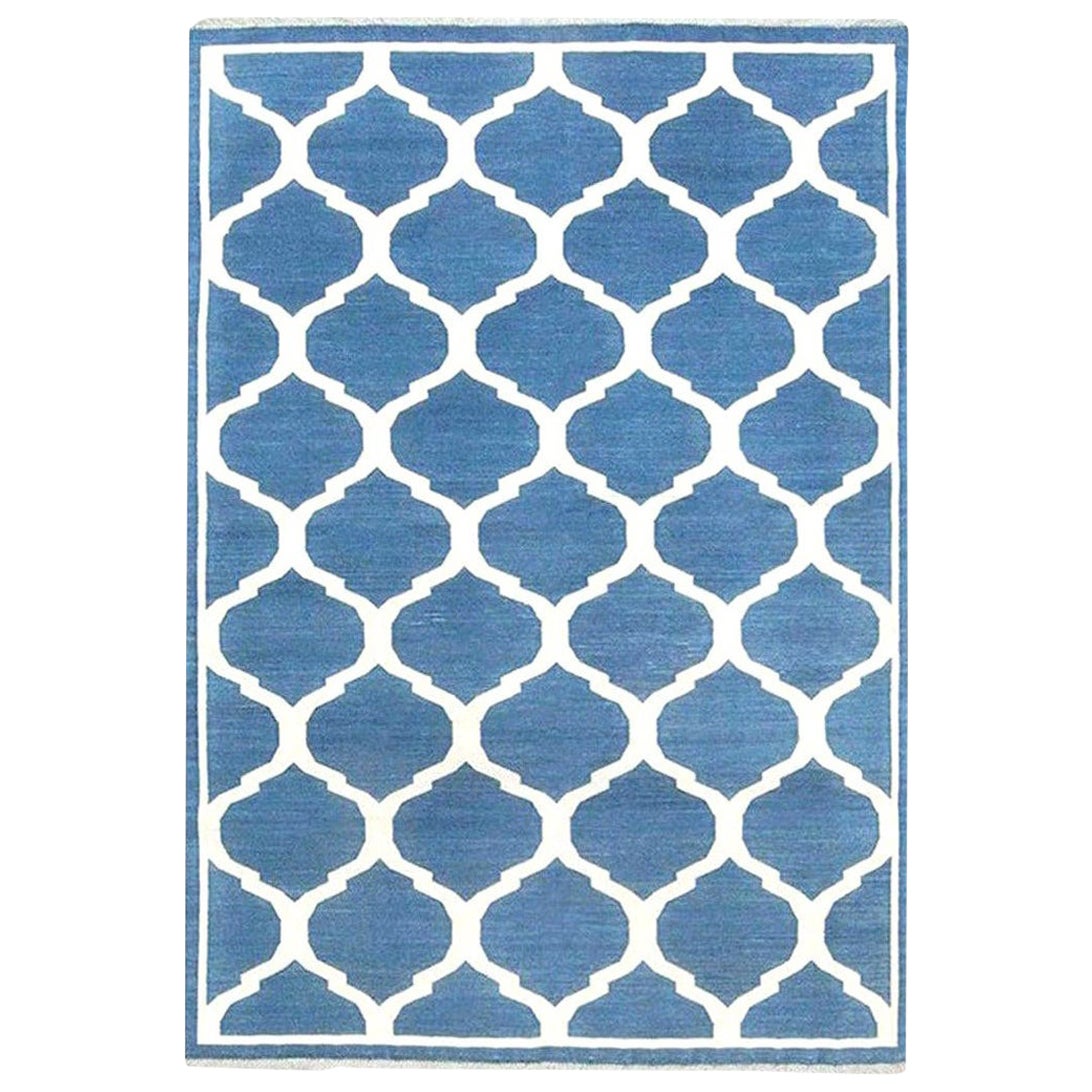 Indian Dhurrie Design Blue and White Handmade Cotton Rug by Doris Leslie Blau For Sale