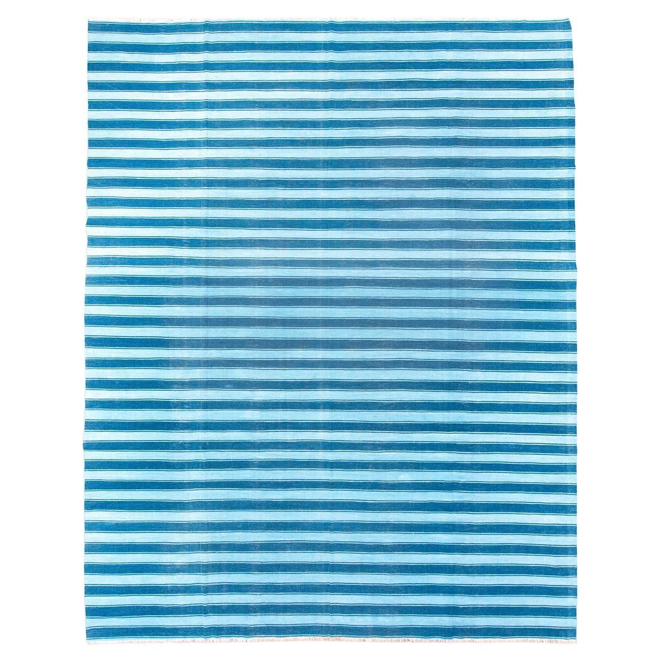 Indian Dhurrie Rug with Dark Blue and Light Blue Stripes