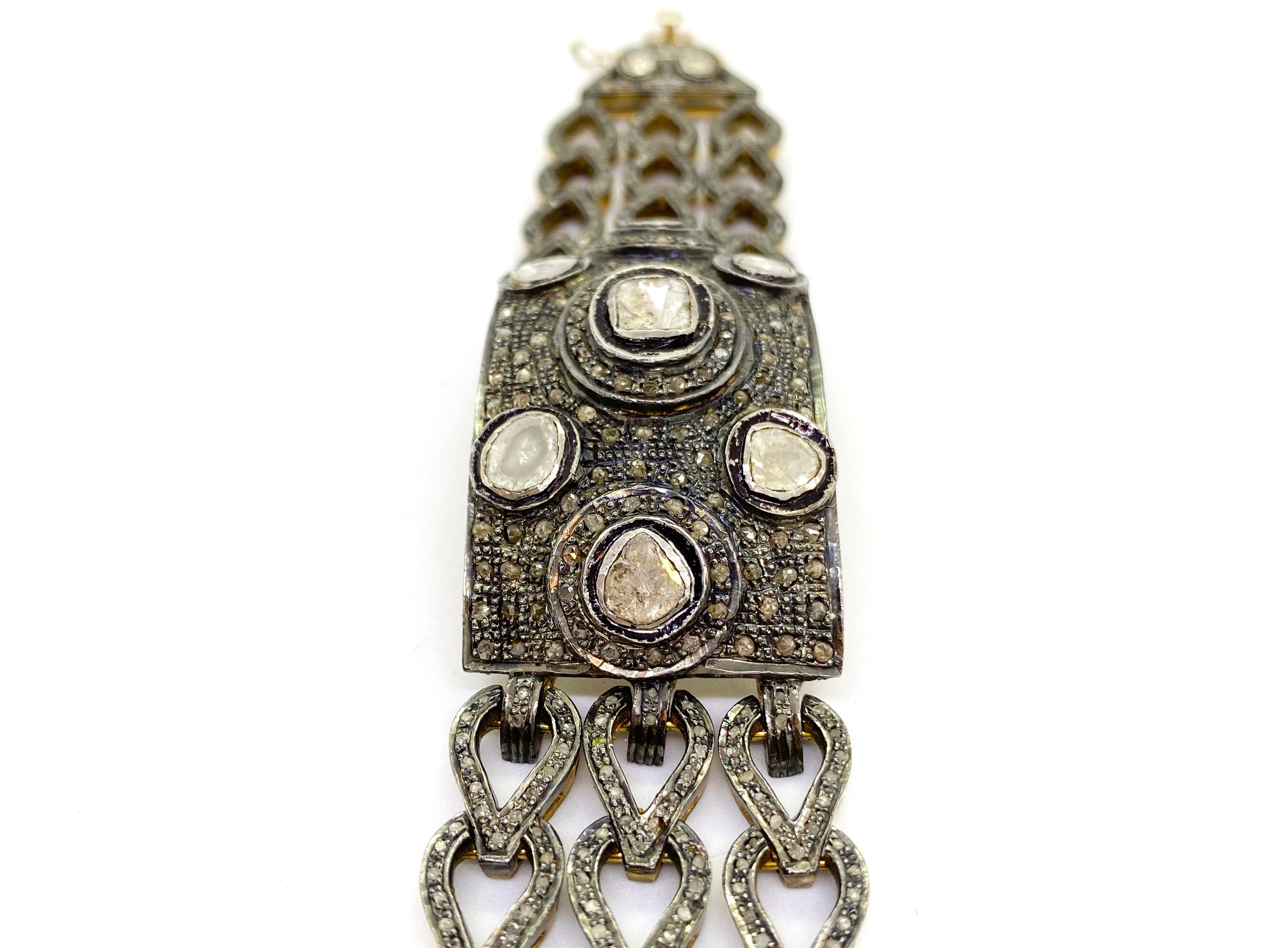 Indian Diamond Bracelet.
History of this jewelry, Purchased sometime in the early 2000s from India Goa by a Pakistani Gemstone Merchant.
Jewelry Silver and Gold Plated?
I don’t know about Indian jewelry, whether those diamonds are called Polki