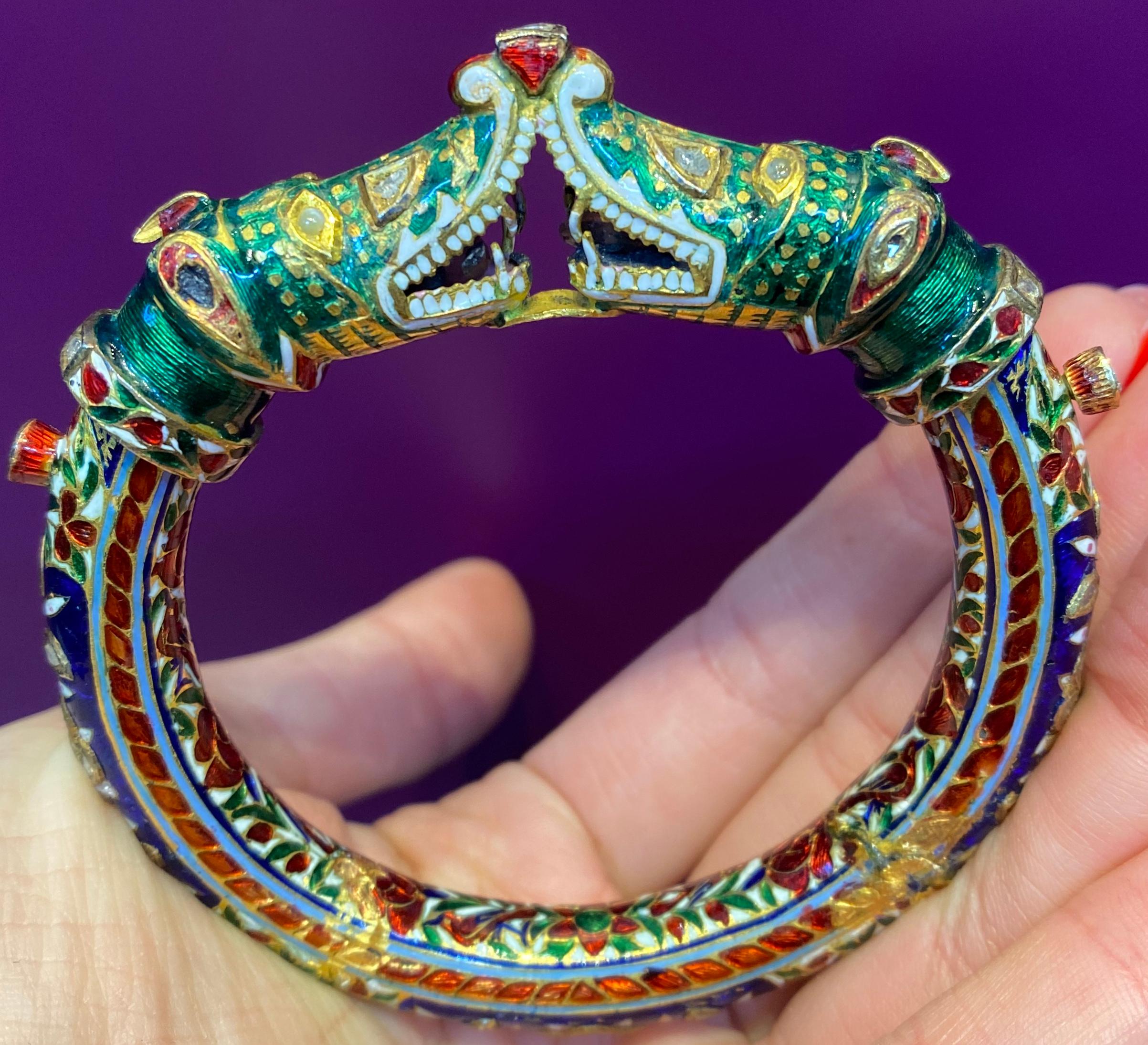 Rose Cut Indian Diamond and Enamel Bangle Bracelet