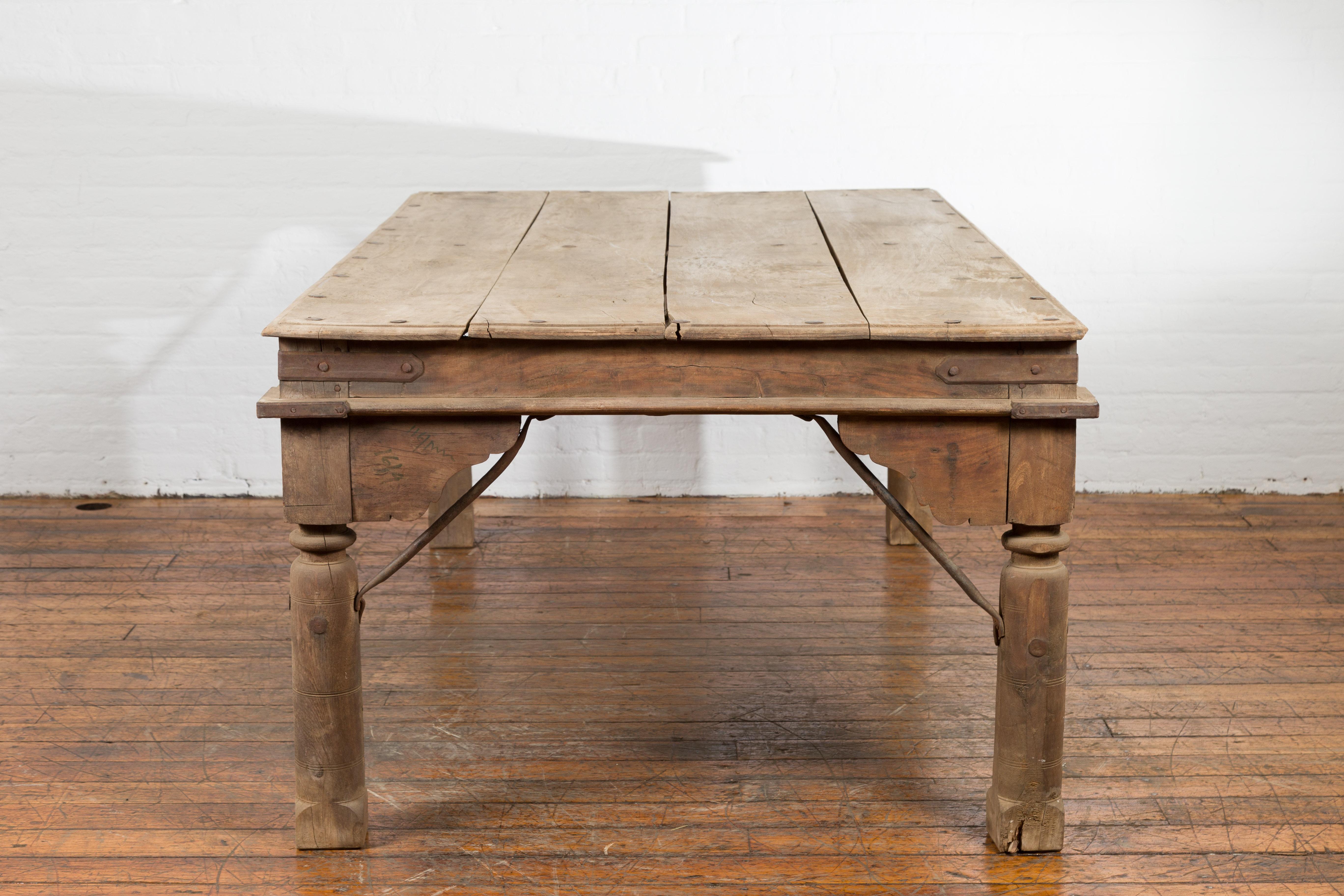 Indian Dining Table with Distressed Patina, Iron Details and Baluster Legs For Sale 2