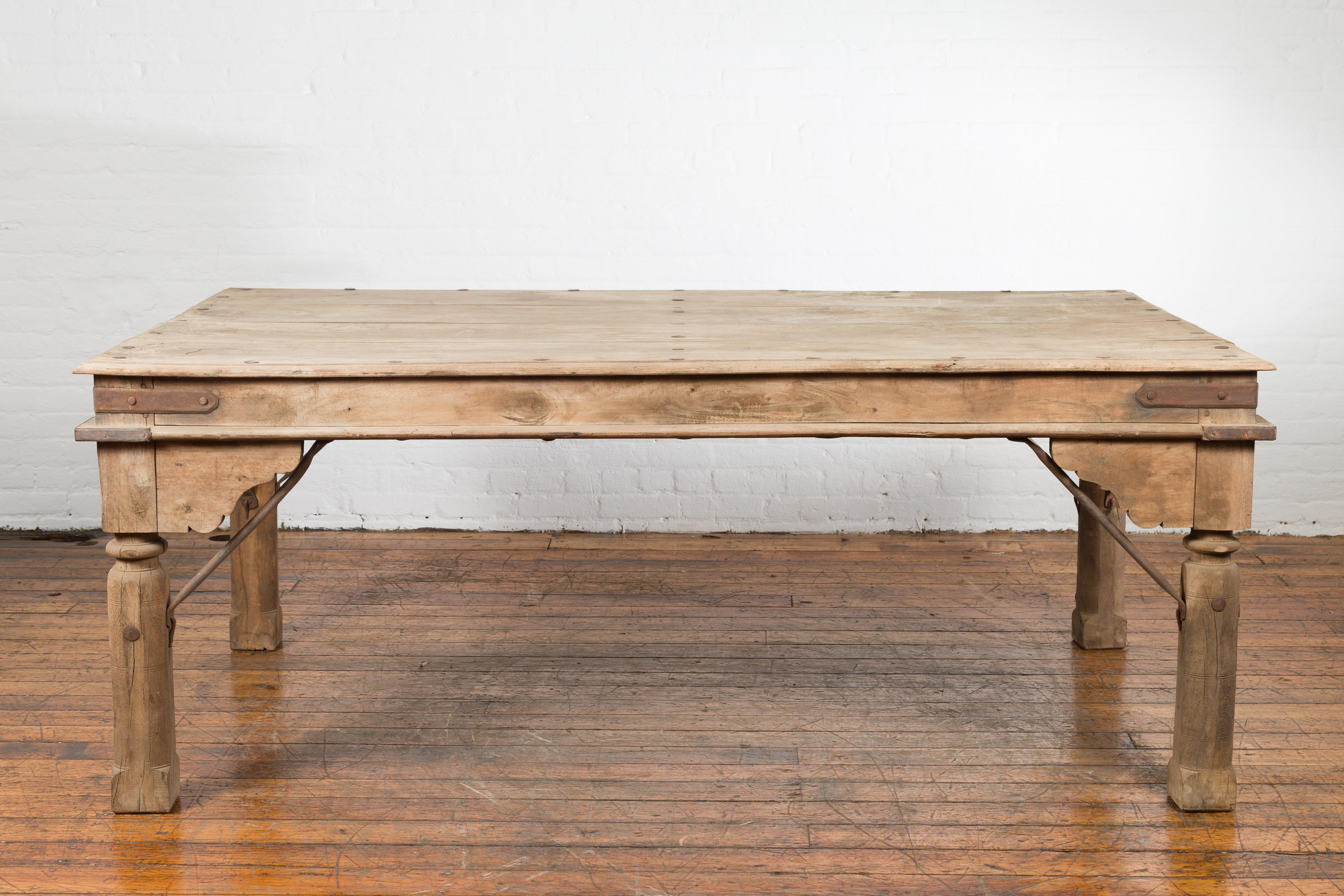 Indian Dining Table with Distressed Patina, Iron Details and Baluster Legs For Sale 3