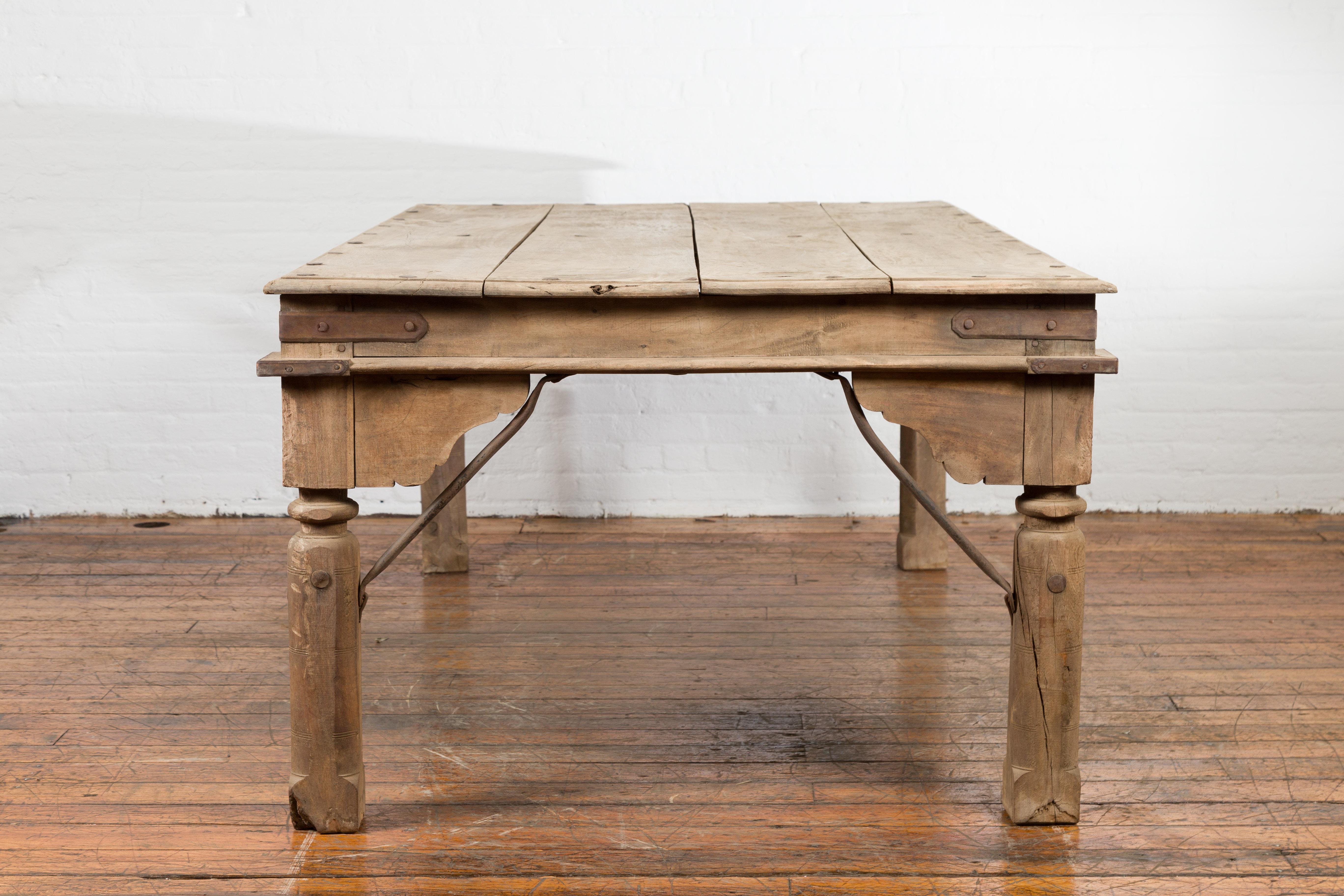 Indian Dining Table with Distressed Patina, Iron Details and Baluster Legs For Sale 4