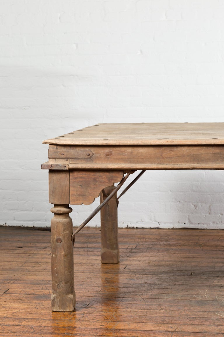 Indian Dining Table with Distressed Patina, Iron Details and Baluster Legs For Sale at 1stDibs